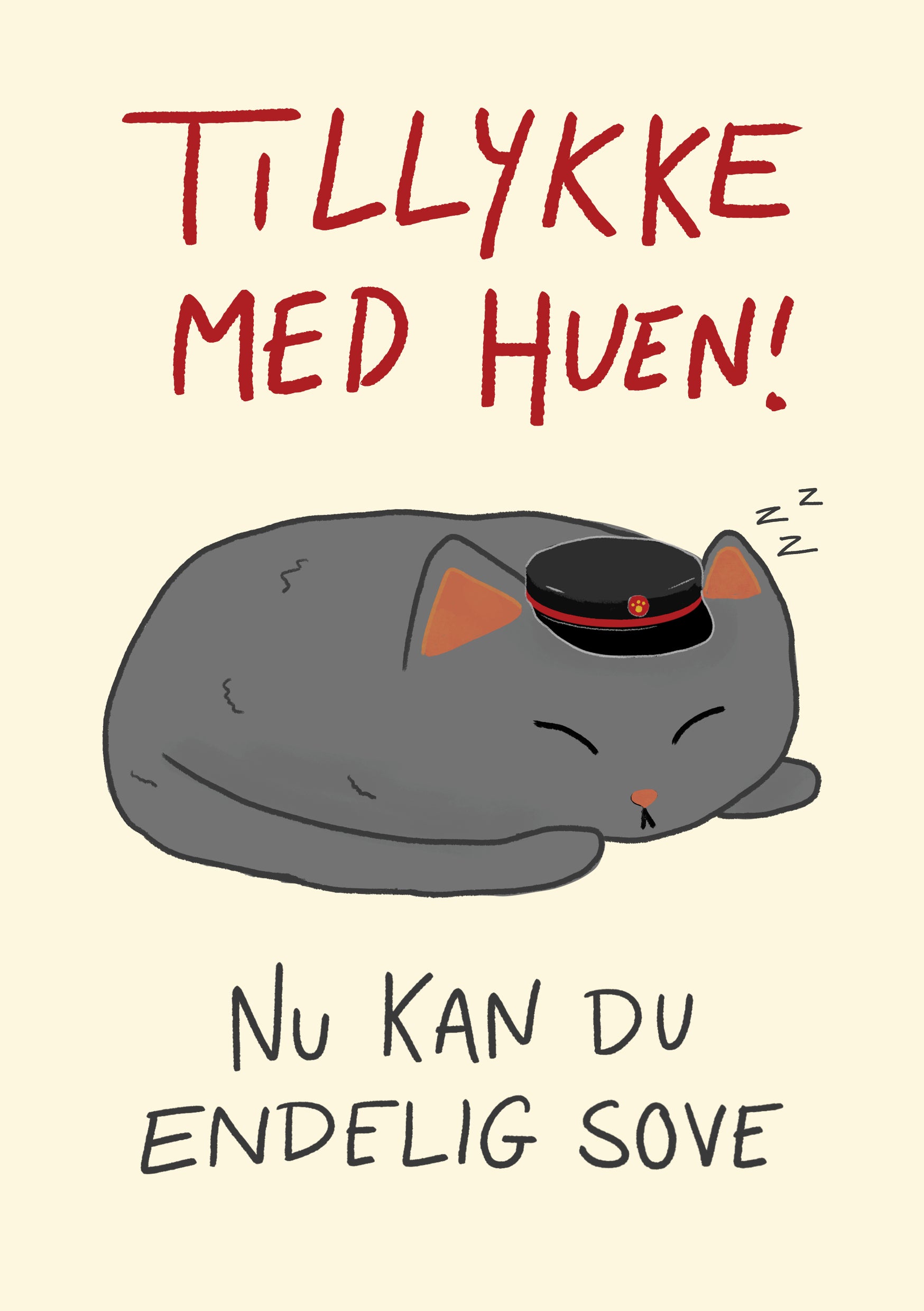 "Tillykke med huen" kort – Sort studenterhue (HTX, Teknisk Gymnasium) – Sødt studenterkort med en grå, sovende kat iført en sort studenterhue. Perfekt til at fejre en nybagt HTX-student.