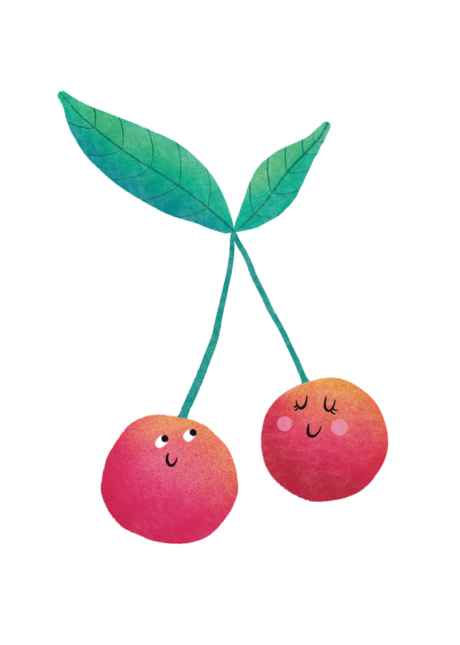 Finurligt kort med to glade kirsebær i nostalgisk, enkel illustration.
