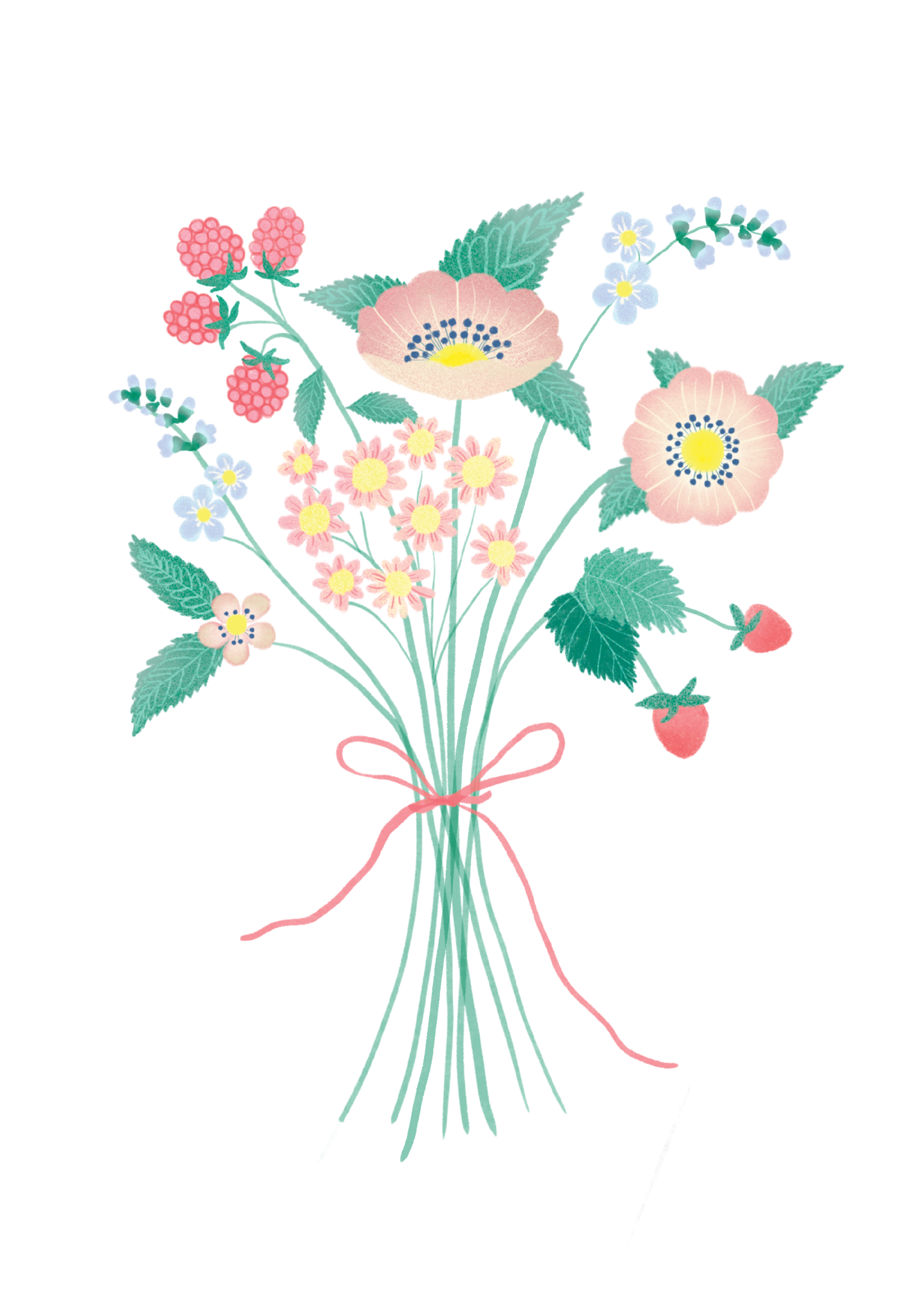 Send en smuk og personlig hilsen med dette nordiske blomsterkort, dekoreret med en delikat håndtegnet buket af vilde blomster, bær og grønne blade. De bløde akvarelfarver og det lette, luftige udtryk gør dette kort ideelt til enhver lejlighed, hvor du vil sprede glæde og varme.