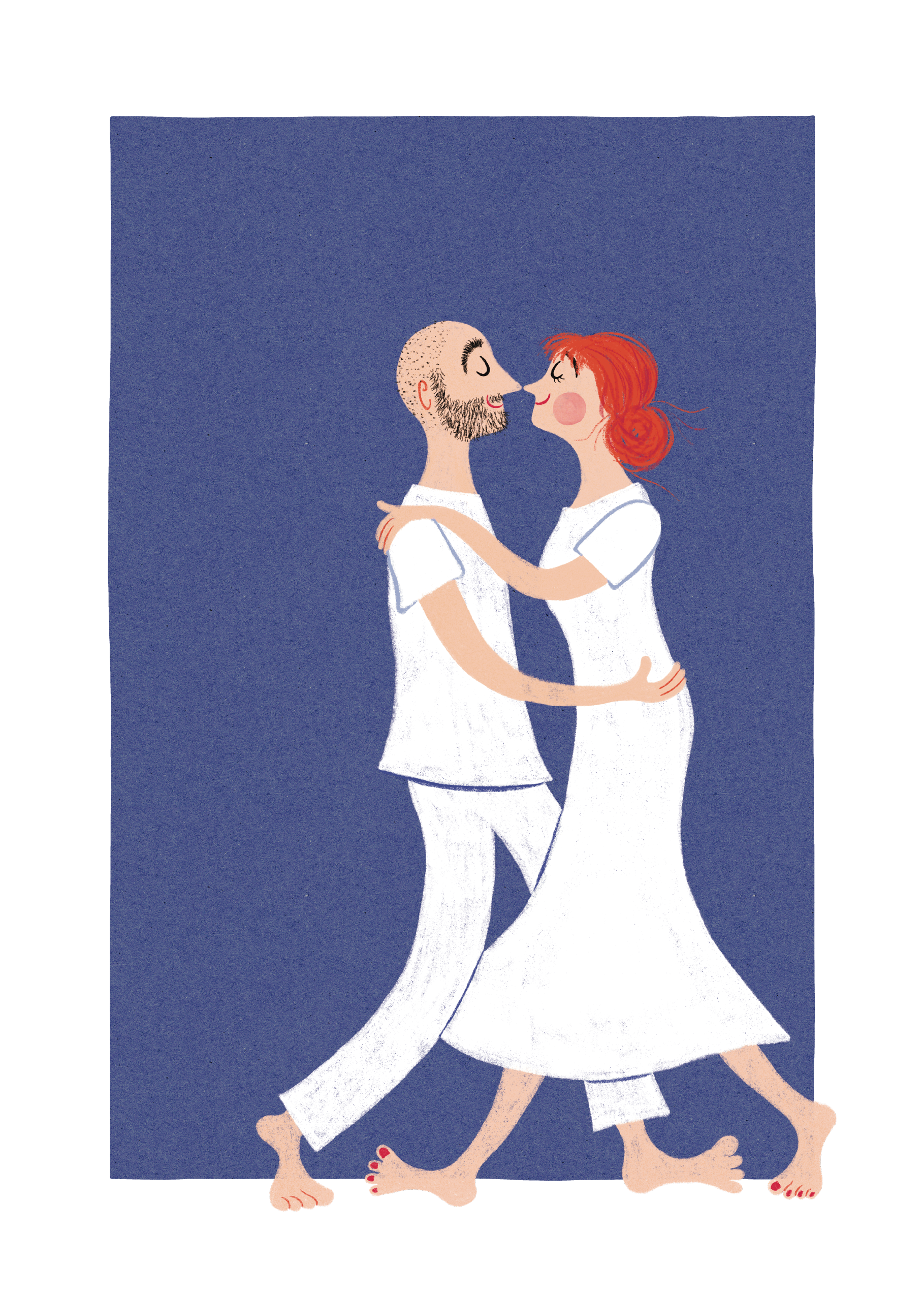 Romantisk kort med et dansende par i vintage-inspireret streg.