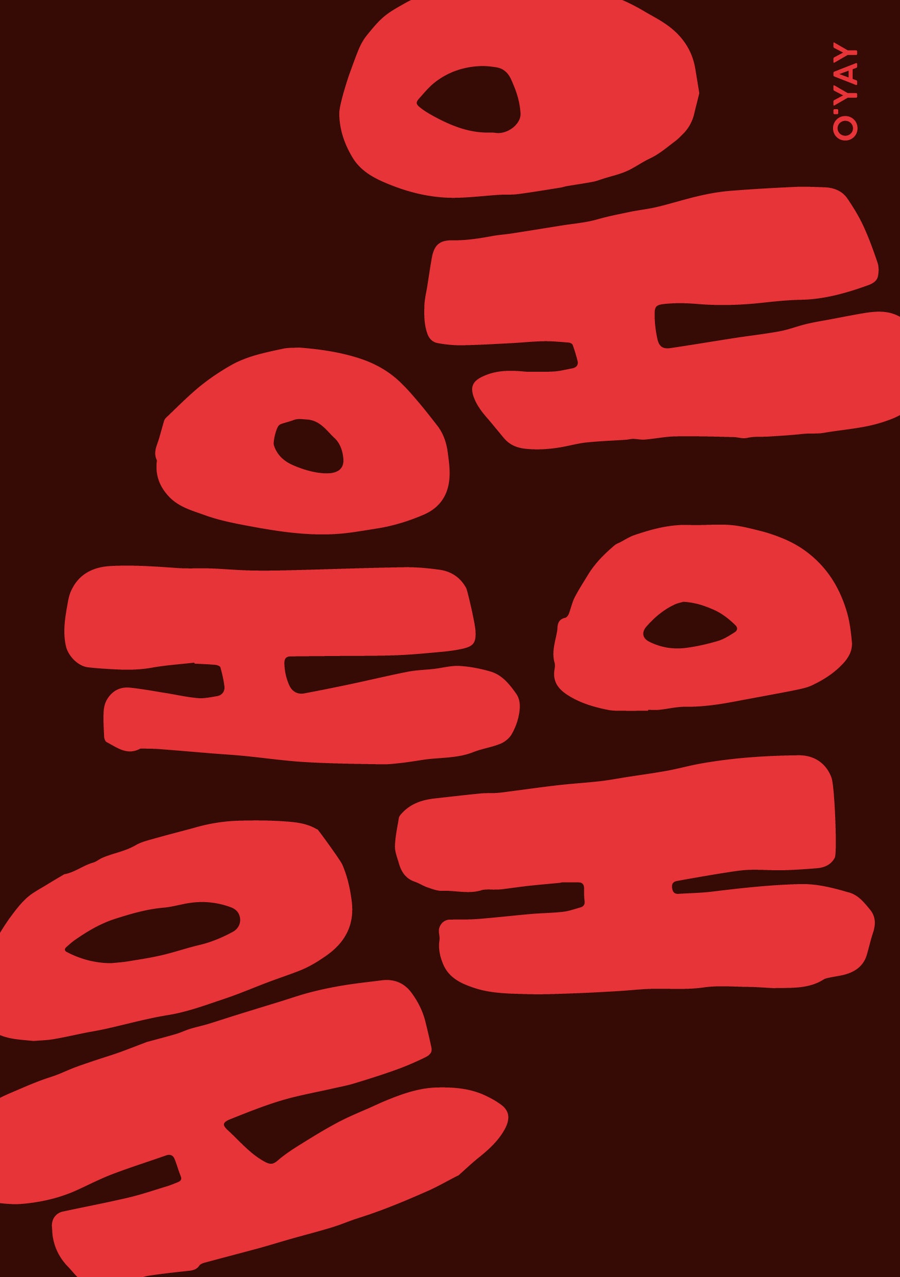 Julekort med rød tekst “HO HO HO” i stor typografi på mørkebrun baggrund. Designet af O'YAY Studio.