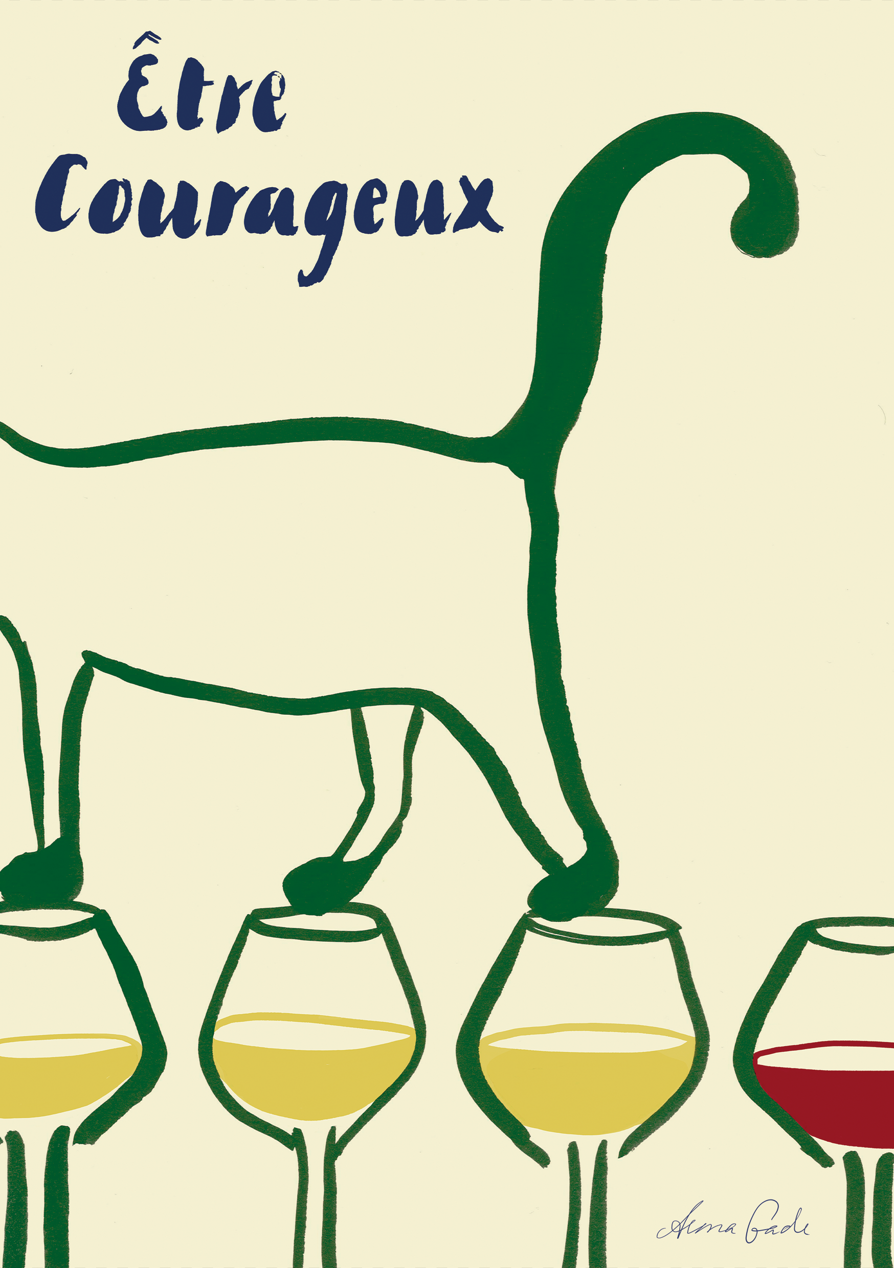 "Être Courageux" kort – Elegant kunstkort med en grøn kat, der balancerer på vinglas. Teksten "Être Courageux" betyder "Vær modig" på fransk.