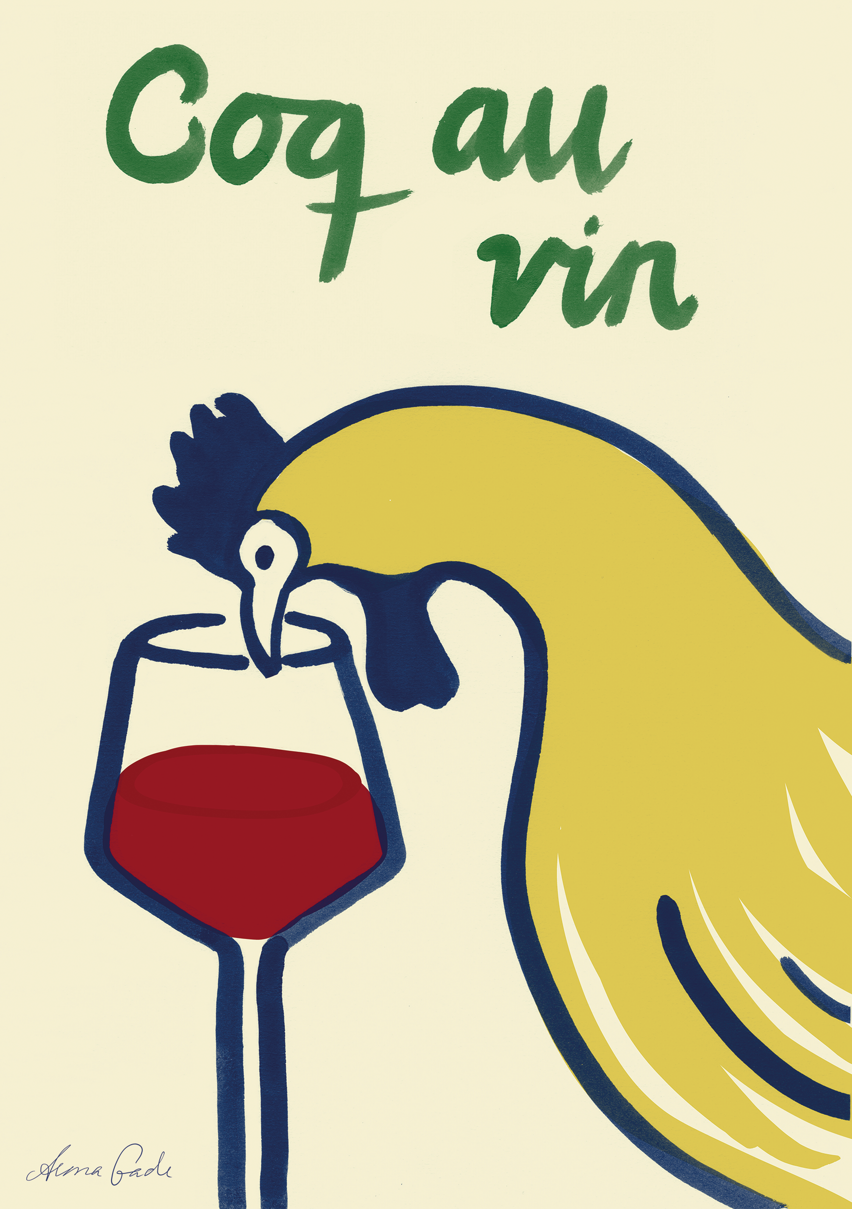 "Coq au vin" kort – Humoristisk kort med en gul hane, der drikker rødvin, med en reference til den klassiske franske ret "Coq au Vin"
