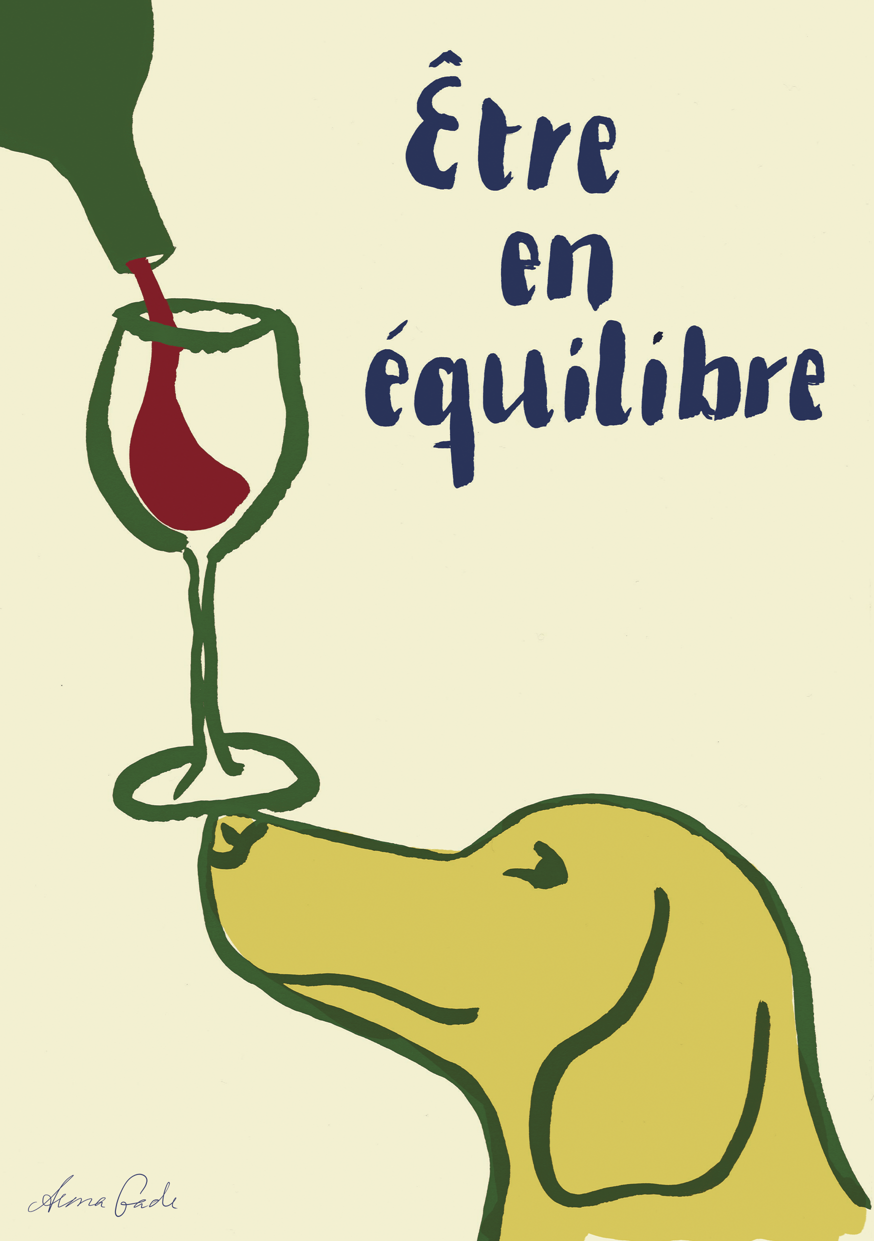 "Être en équilibre" kort – Stilfuldt kort med en gul hund, der balancerer et vinglas på snuden. "At være i balance" på fransk.