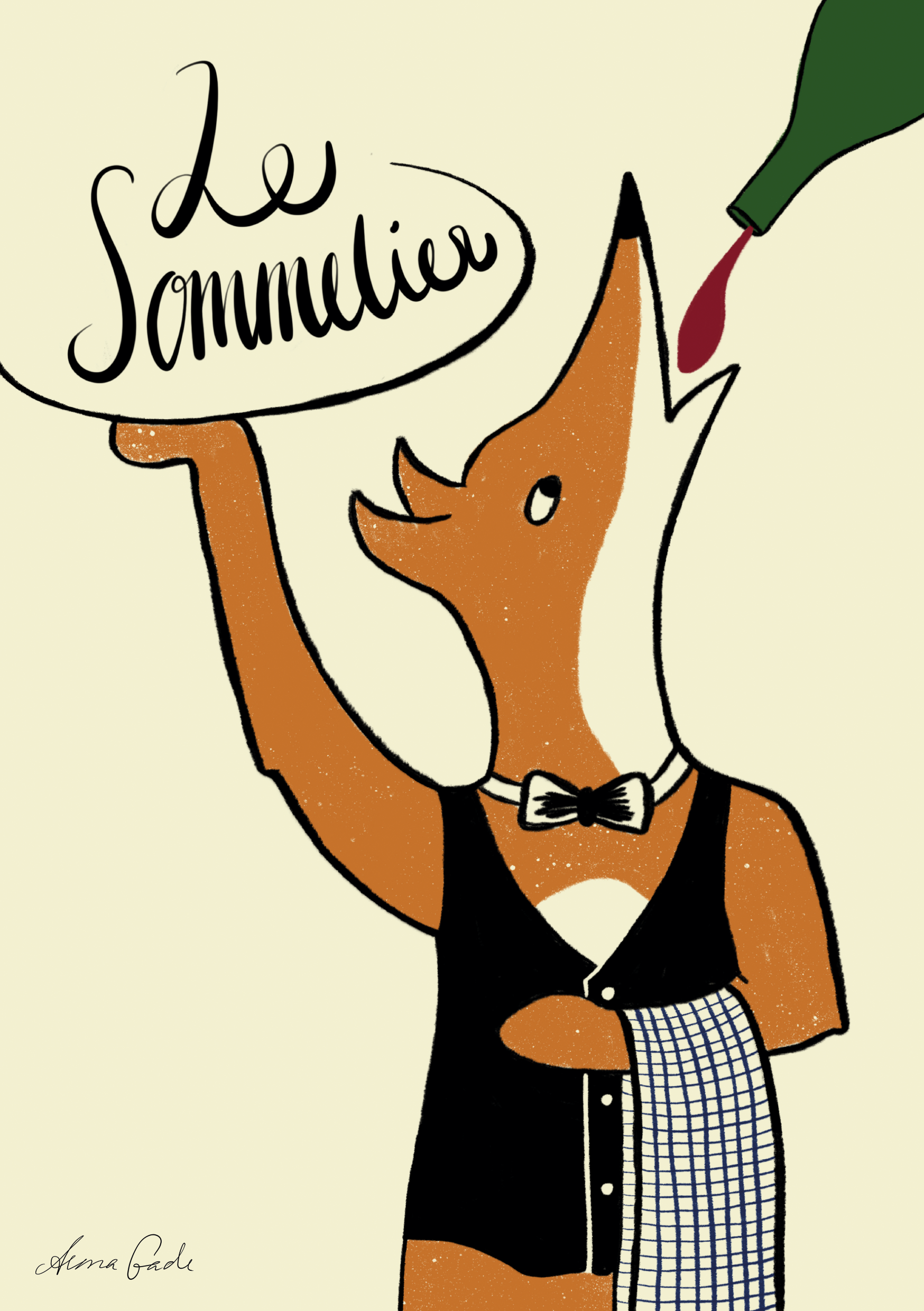 "Le Sommelier" kort – Stiliseret illustration af en ræv klædt som en sommelier (vintjener), klar til at servere vin. Et perfekt kort til vinelskere eller tjenere.