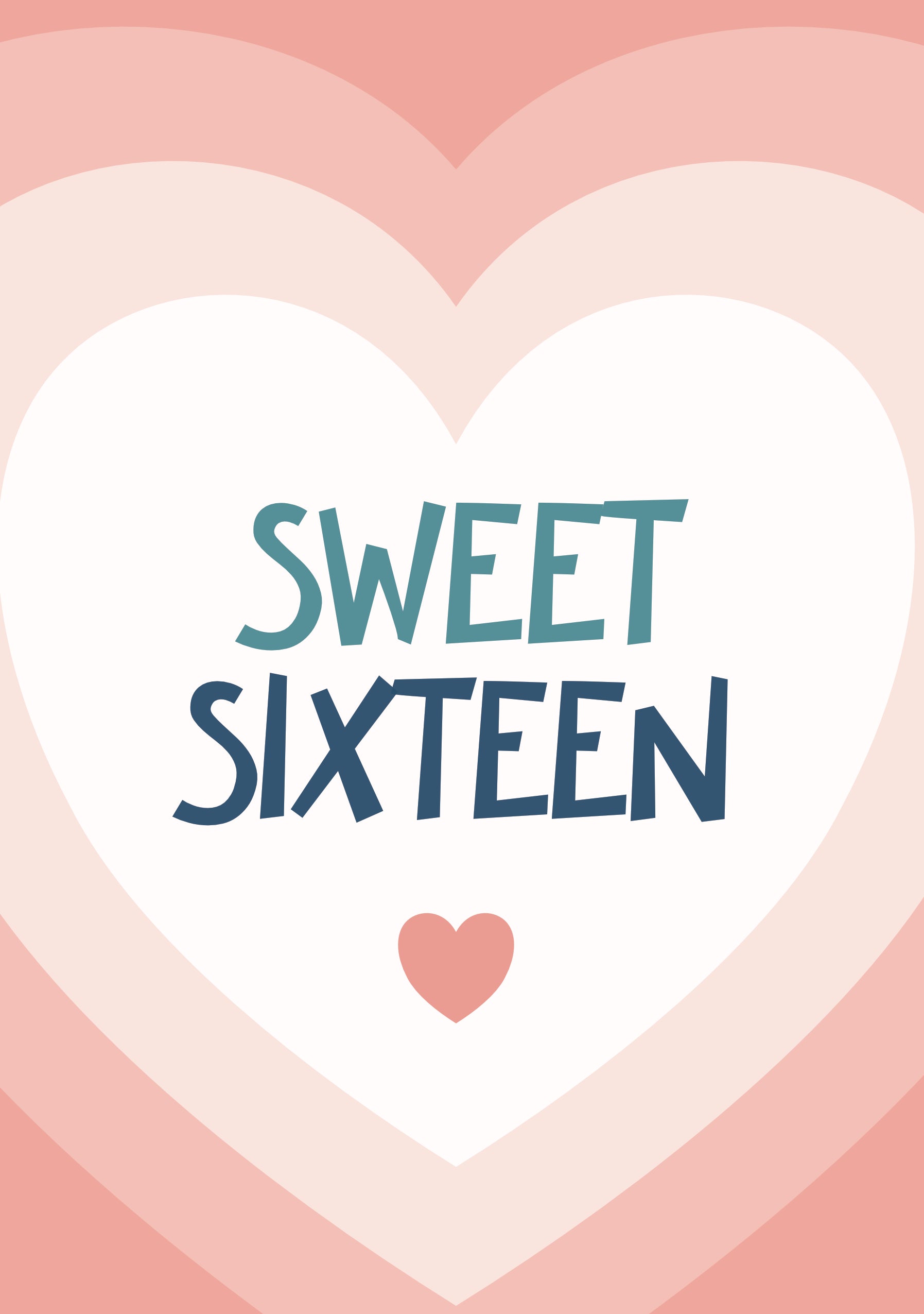 Med bløde pastelfarver, et smukt hjerte-design og moderne typografi er dette det perfekte kort til en teenager, der fejrer sin store dag. Perfekt til 16-års fødselsdag.