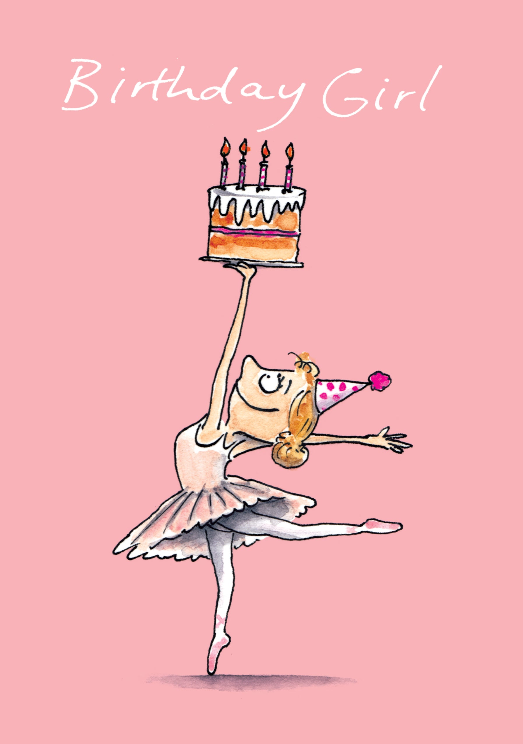 Fødselsdagskort med en ballerina i tutu, der balancerer en fødselsdagskage, på en rosa baggrund.