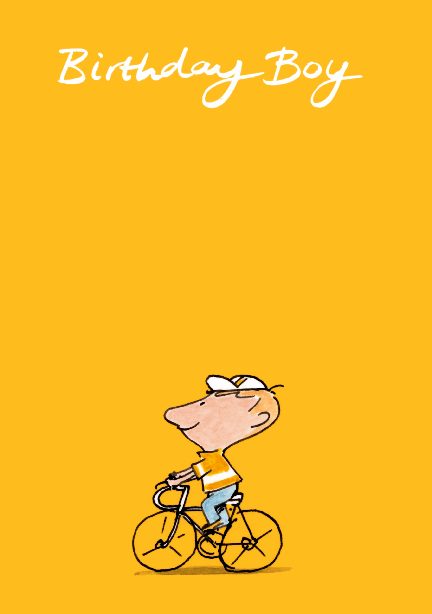 Fødselsdagskort med en dreng, der cykler, på en gul baggrund.