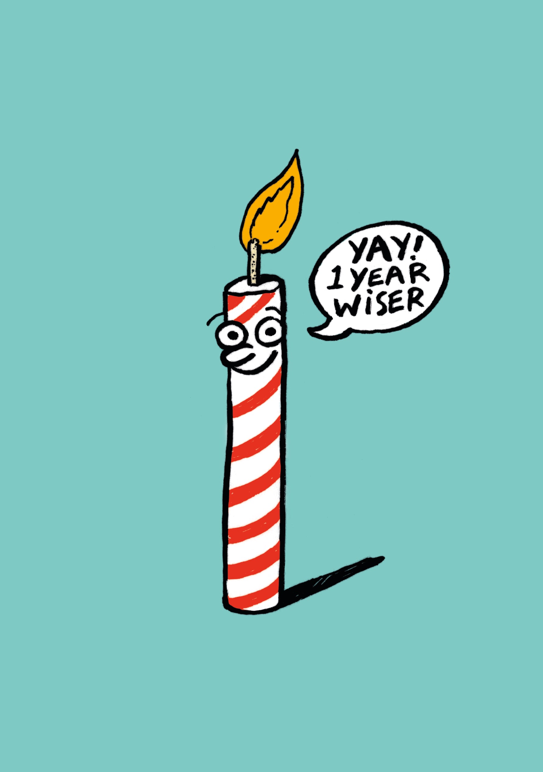 Tegnet fødselsdagskort med et levende lys, der siger "Yay! 1 year wiser" på en blå baggrund.