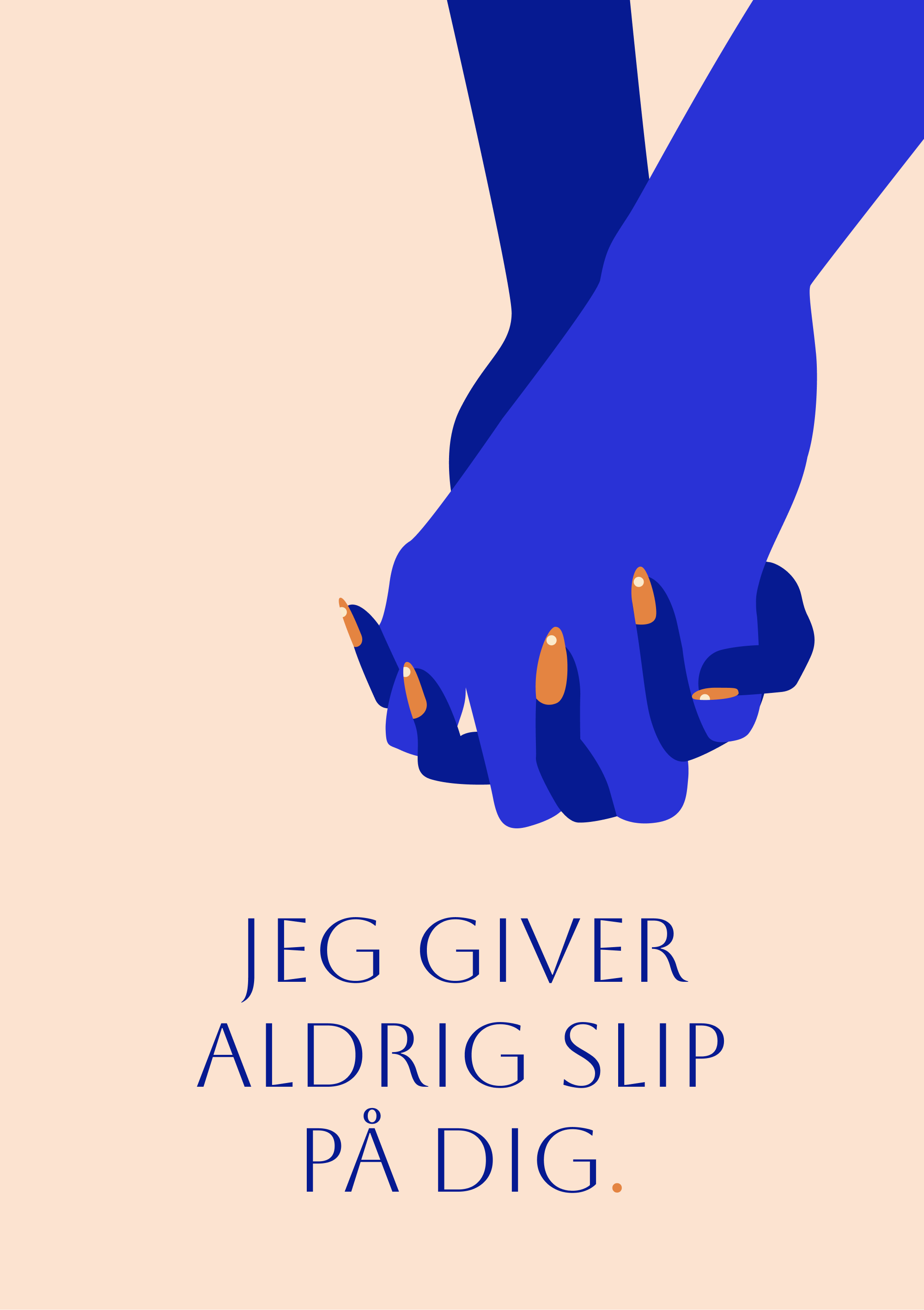 Kærlighedskort med to hænder i blå nuancer og teksten "Jeg giver aldrig slip på dig"