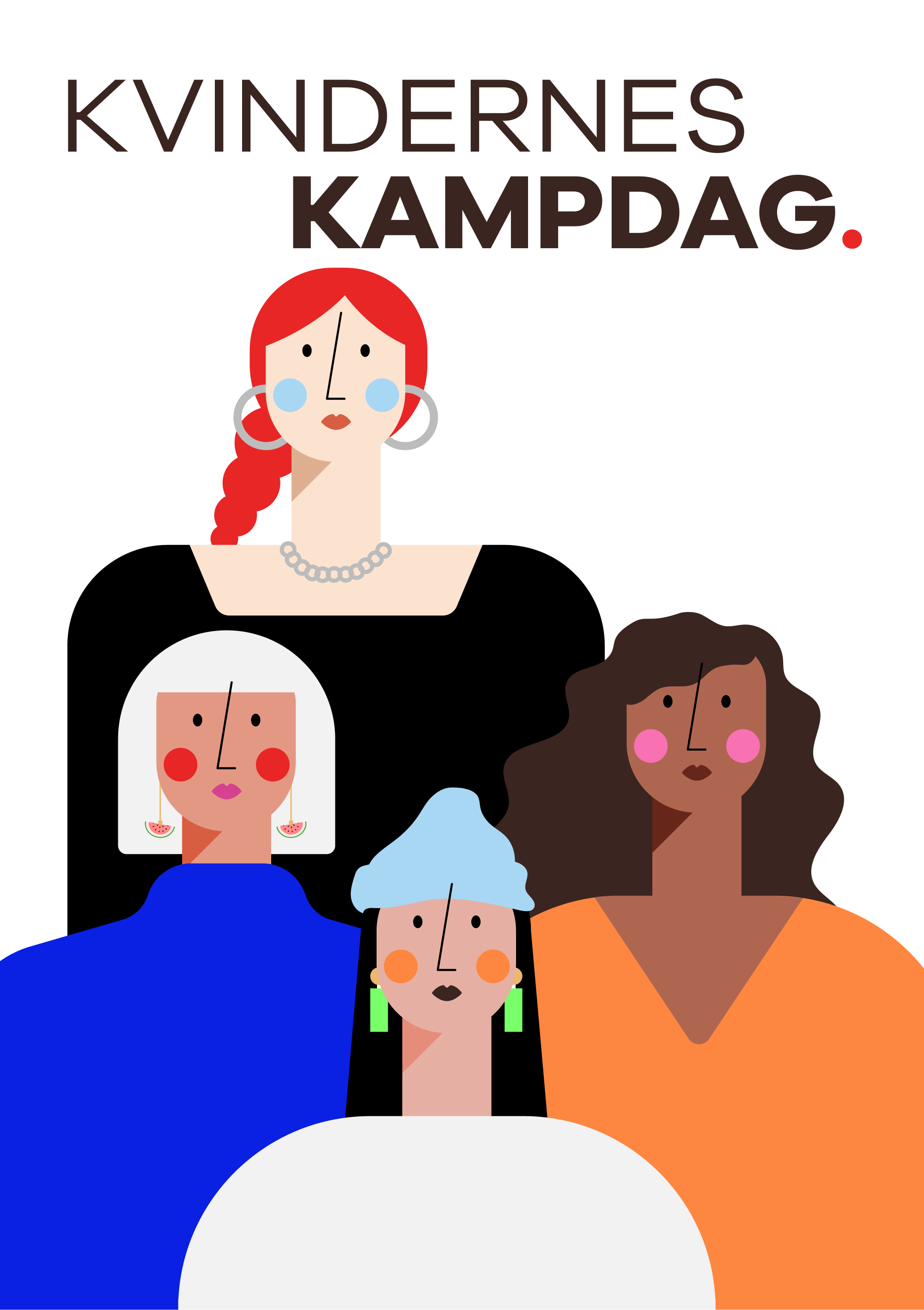 Kort i anledning af Kvindernes Kampdag med illustration af fire kvinder i forskellige farver.