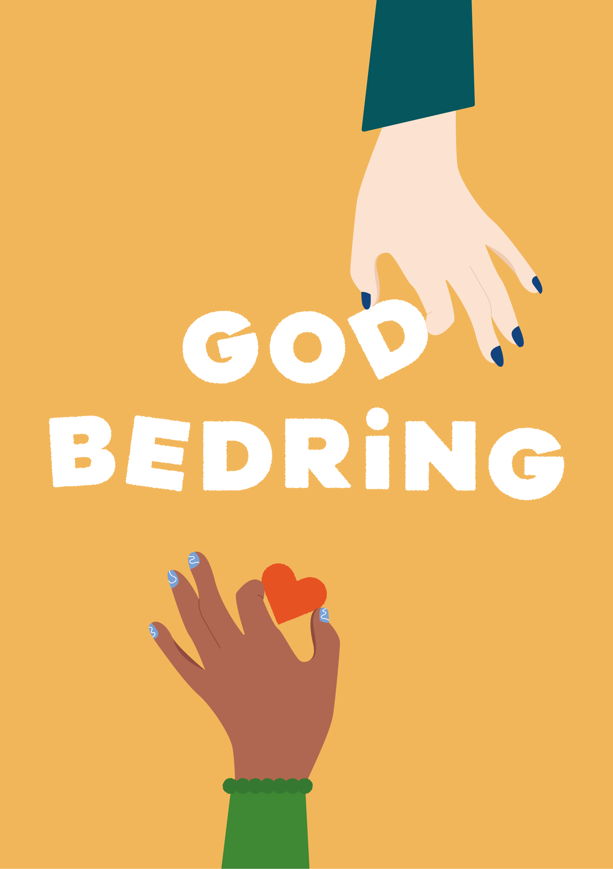 God bedring kort med illustration af hænder og et hjerte på gul baggrund.