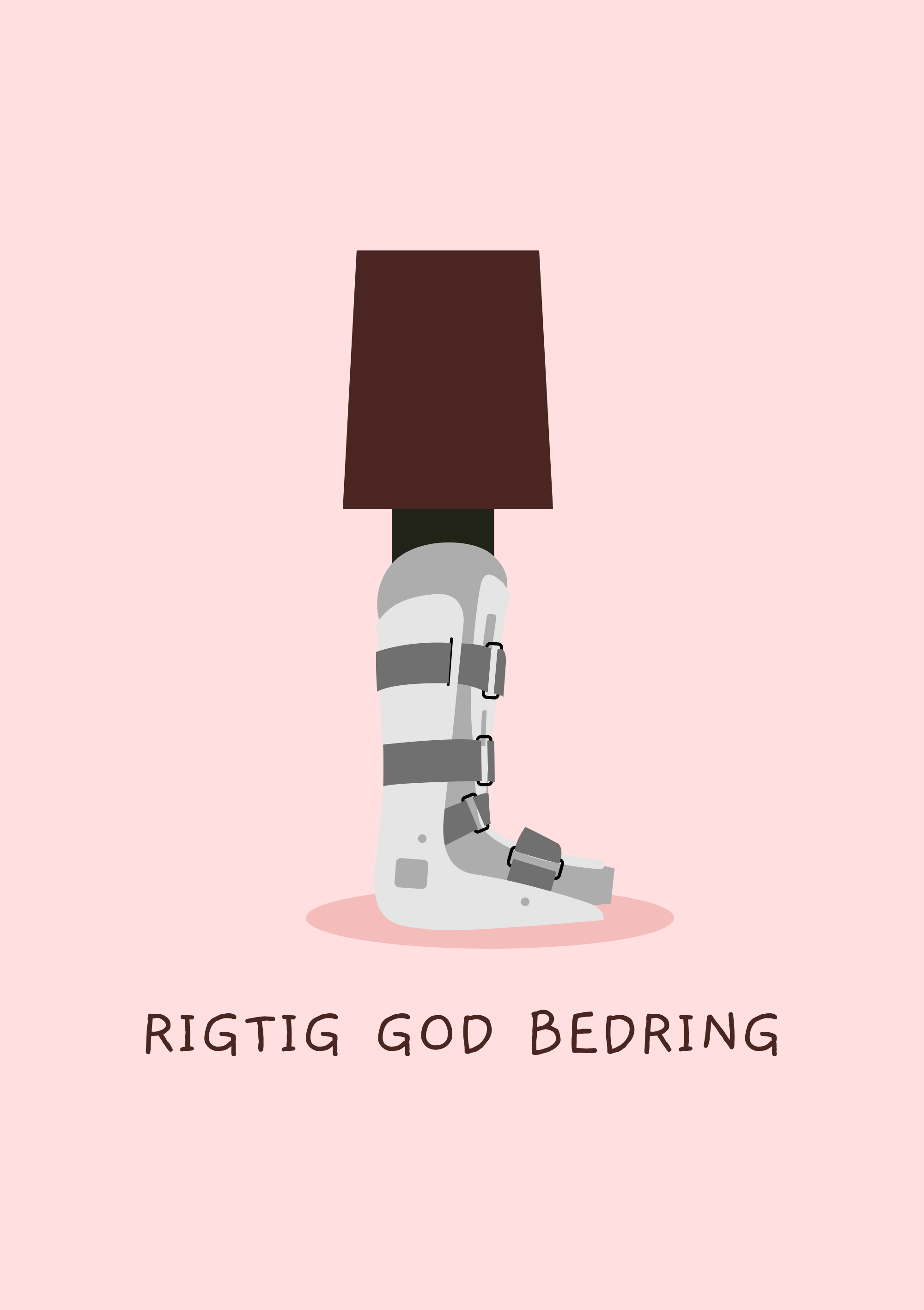 God bedring kort med illustration af en walkerstøvle på lyserød baggrund.