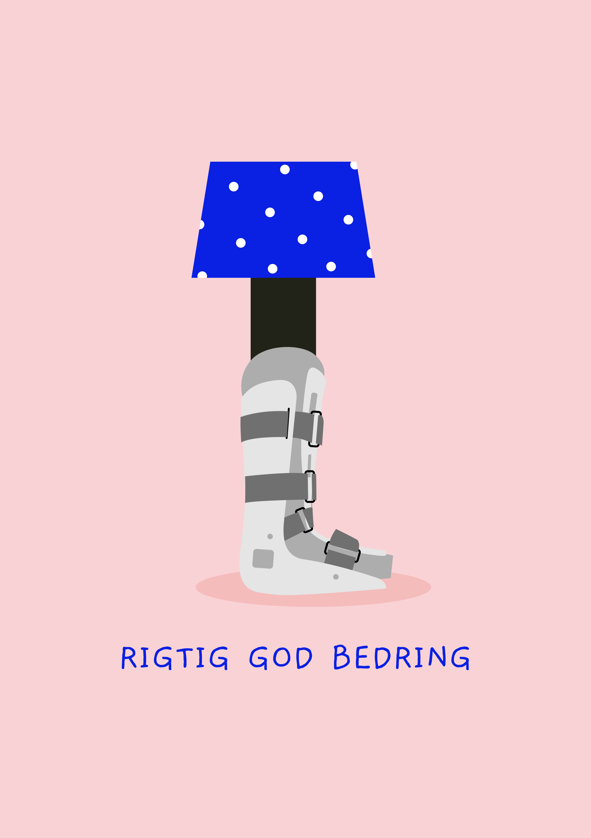 God bedring kort med illustration af en pige med walkerstøvle på lyserød baggrund.