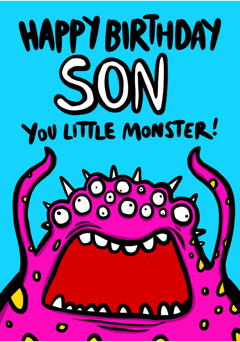Happy Birthday Son – You Little Monster! Farverigt fødselsdagskort med et pink monster. Perfekt til børn, der elsker monstre.