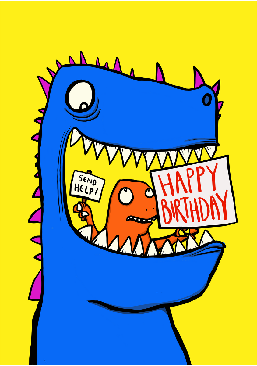 Happy Birthday – Send Help! Humoristisk fødselsdagskort med en stor blå dinosaur, der har slugt en lille orange dinosaur, som holder et "Send Help!"-skilt. Sjov og anderledes hilsen til fødselaren.
