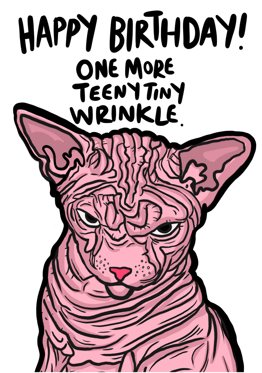 Happy Birthday! One more teeny tiny wrinkle(Endnu en lille bitte rynke). Sjovt fødselsdagskort med en rynket Sphynx-kat og teksten "Tillykke med fødselsdagen! Perfekt til venner med humor.