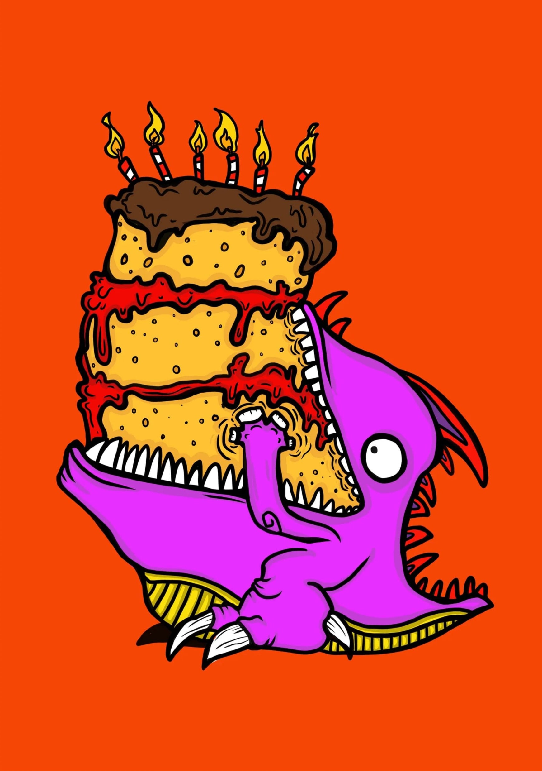 Lilla dinosaur spiser en gigantisk fødselsdagskage.
– Festligt kort med en dinosaur, der grådigt spiser en lagkage med stearinlys. Perfekt til fødselsdagsfesten.