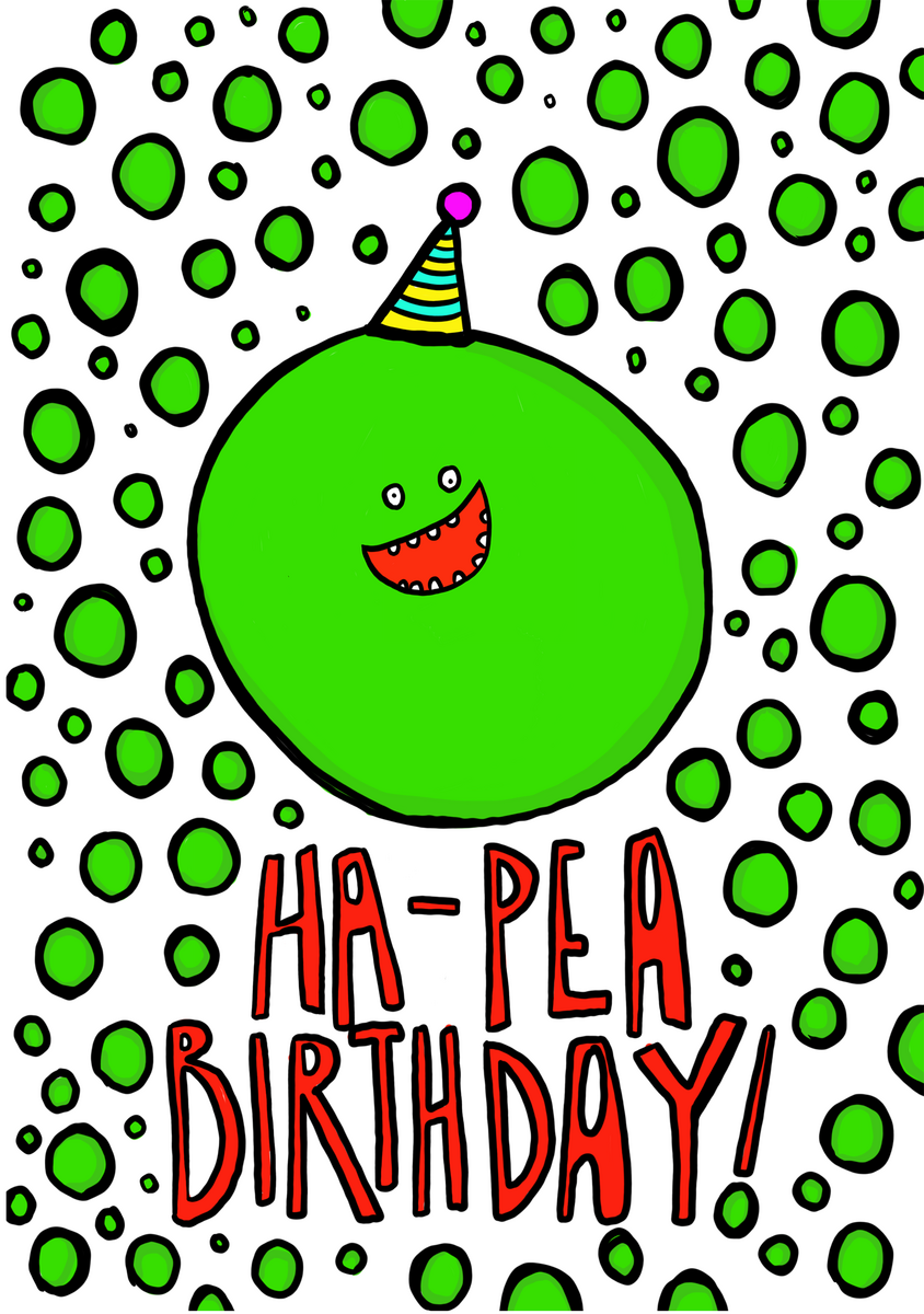 Ha-Pea Birthday! Sødt og sjovt ordspilskort med en glad grøn ært iført festhat. Teksten er et ordspil på "Happy Birthday" - "Ærtelig tillykke!