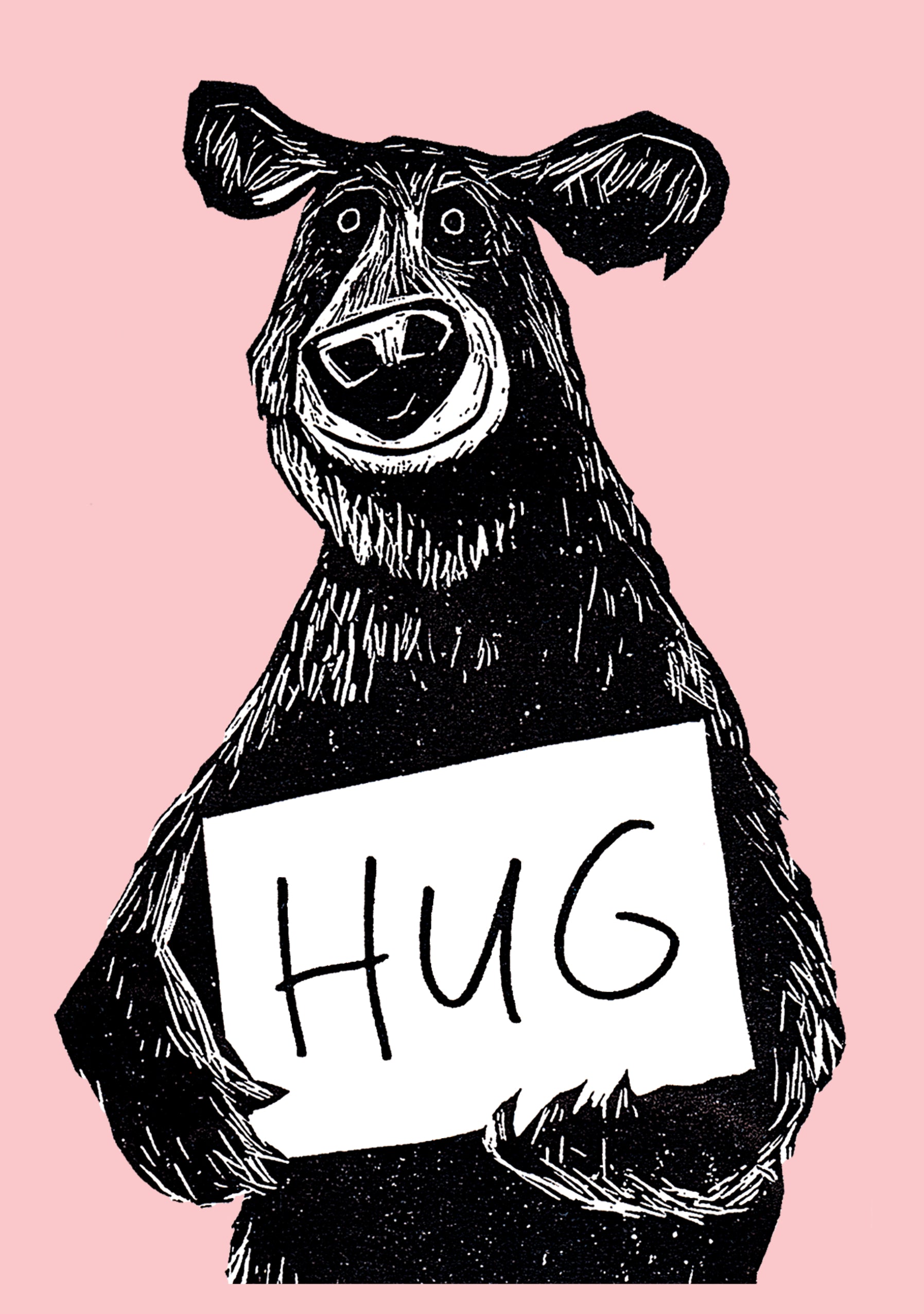 Lykønskningskort med en stor, sort bjørn, der holder et skilt med teksten "HUG", på en rosa baggrund.