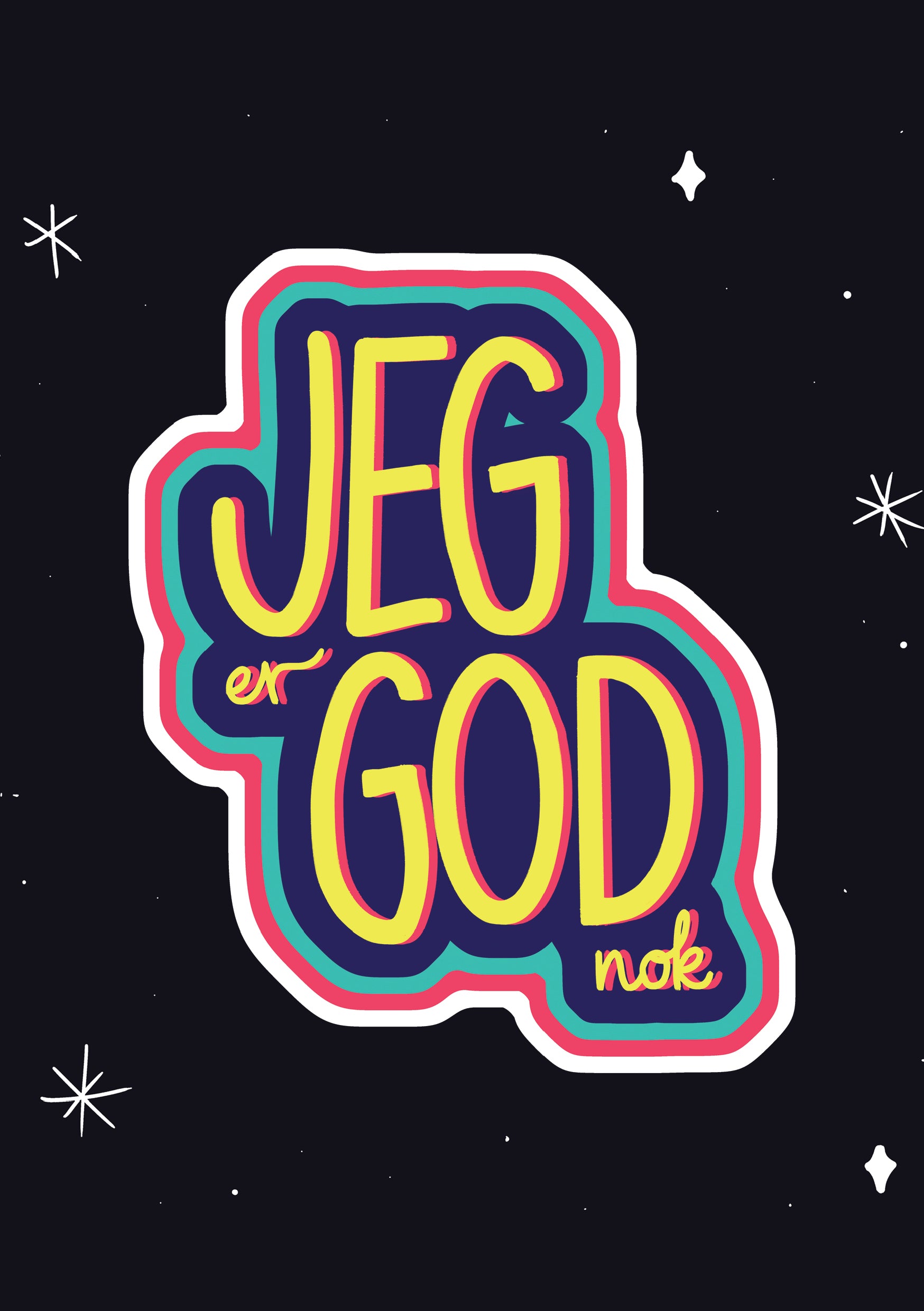 "Jeg er god nok" kort – Motiverende kort med farverig tekst på en mørk nattehimmel. Perfekt til en ven, der har brug for opmuntring.
