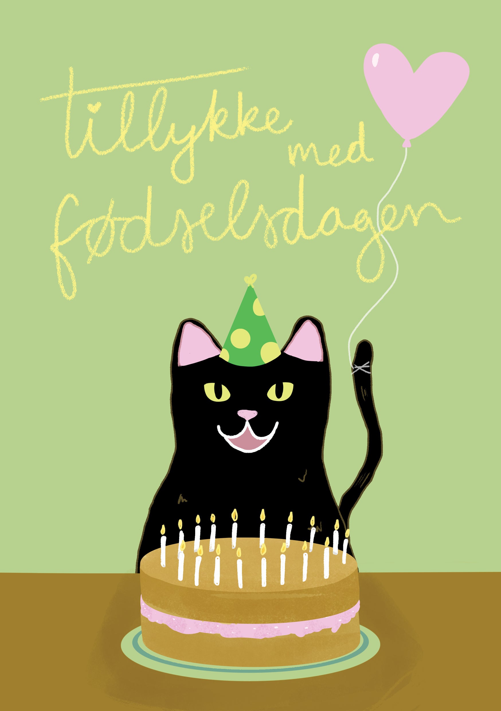 "Tillykke med fødselsdagen" kort – Sjovt fødselsdagskort med en sort kat med festhat, en kage med lys og en ballon.