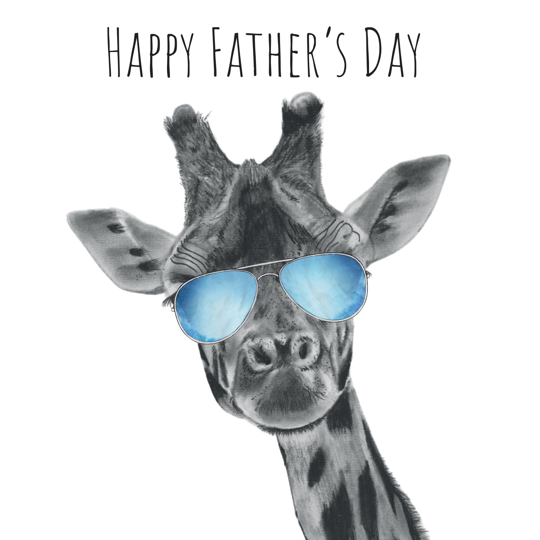 Sort-hvid tegning af en giraf med blå solbriller og teksten “Happy Father’s Day” – humoristisk Fars Dags kort af Skip Khangurra fra Libra Fine Arts.