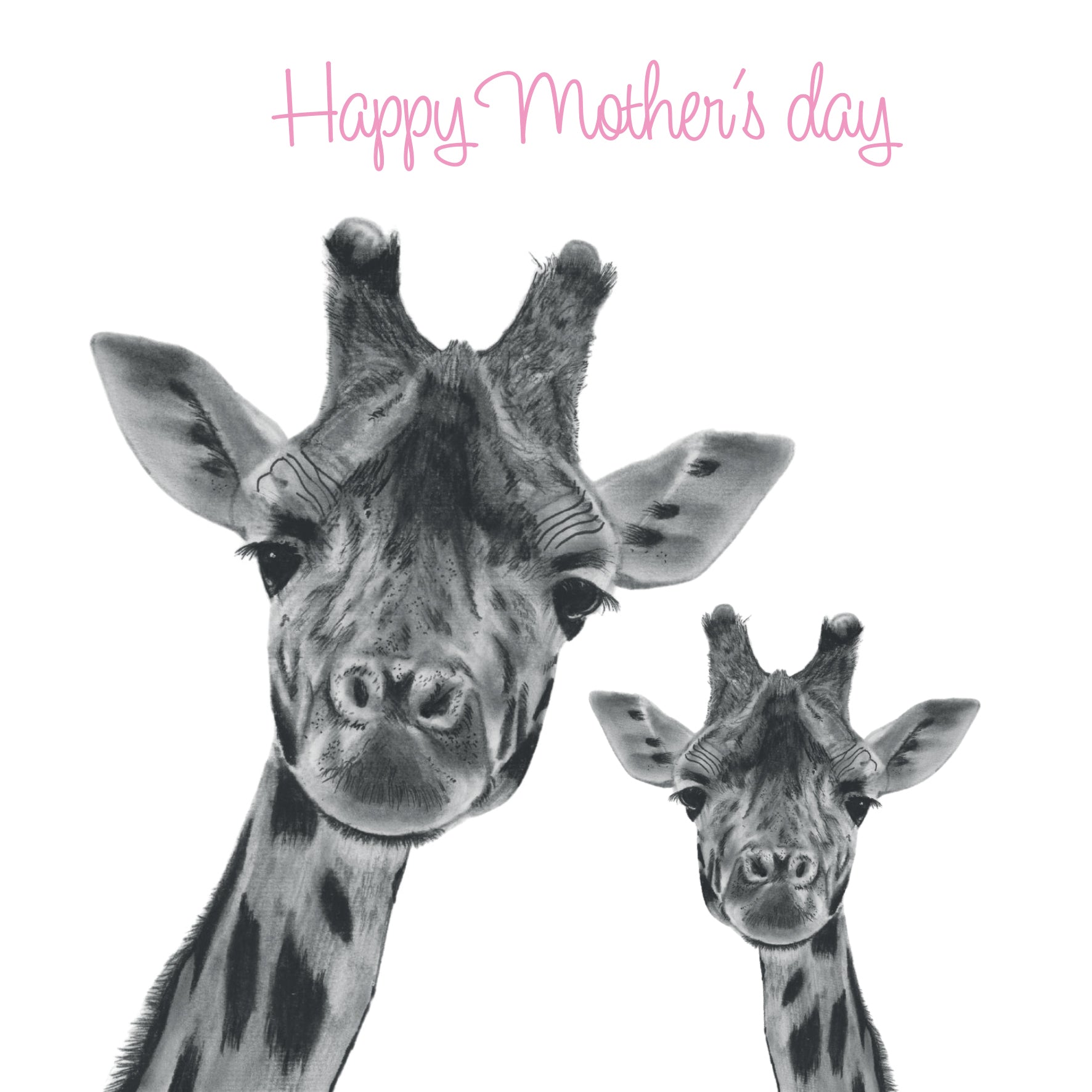 Håndtegnet illustration af en girafmor og hendes unge, med teksten “Happy Mother’s Day” – et følelsesladet og smukt Mors Dags kort fra Libra Fine Arts.