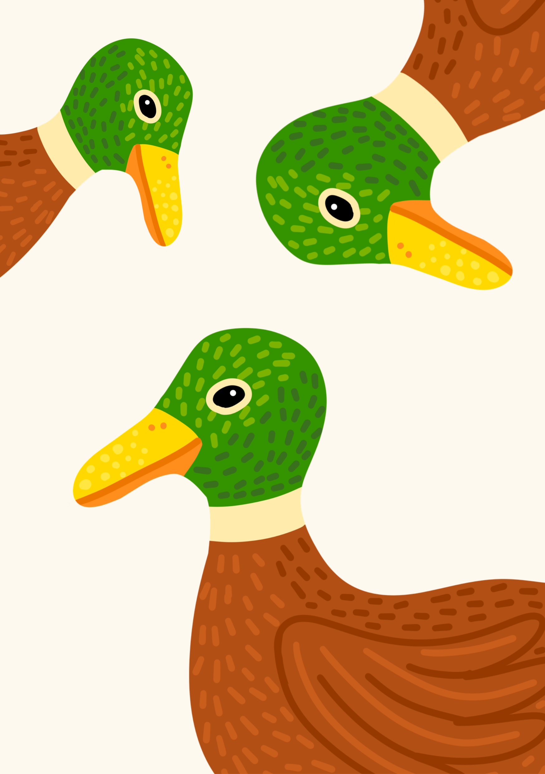 Illustration af tre ænder med grønne hoveder og brune kroppe i en stiliseret, farverig stil.