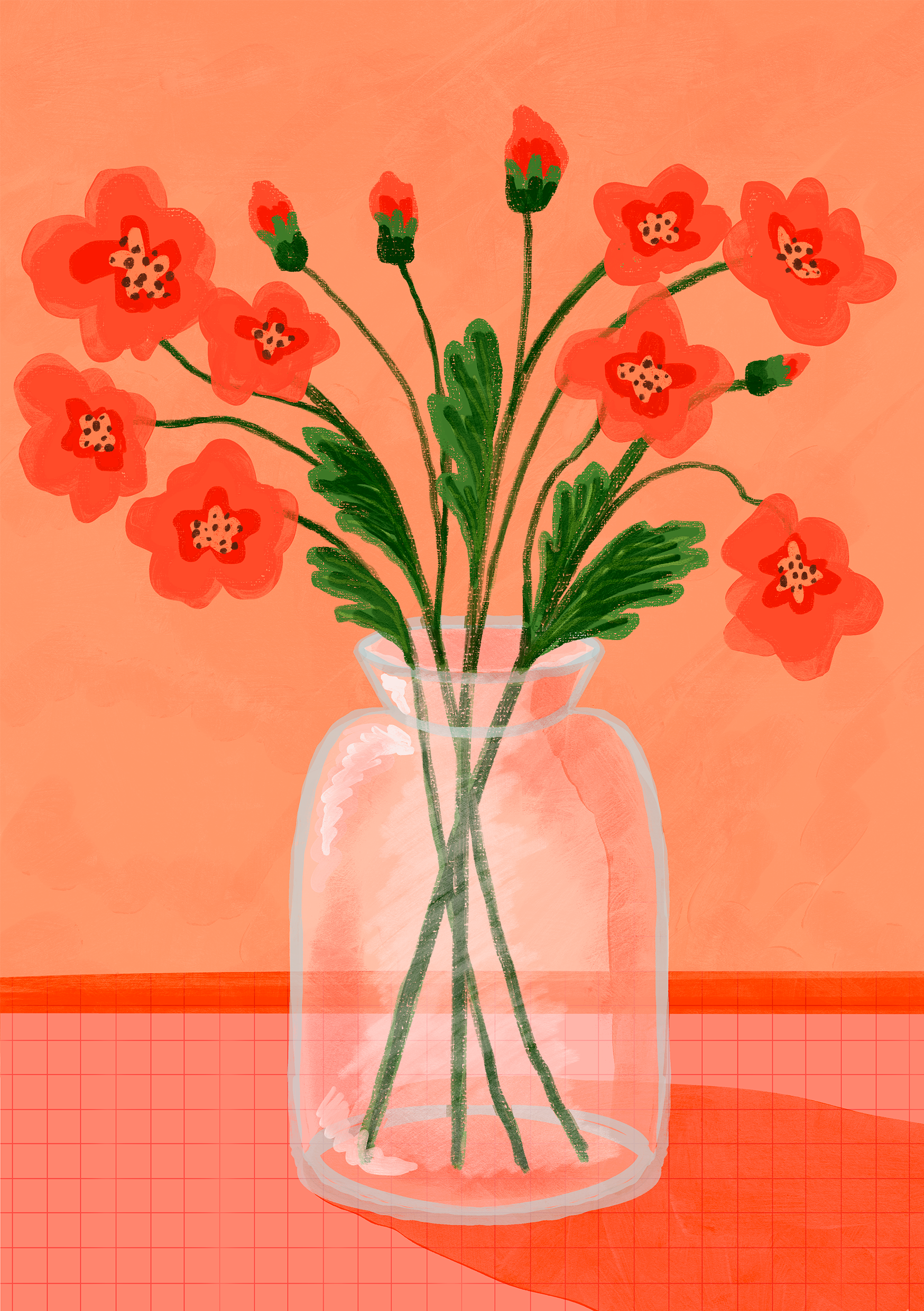 Illustration af en buket røde blomster i en gennemsigtig glasvase på en varm orange baggrund.