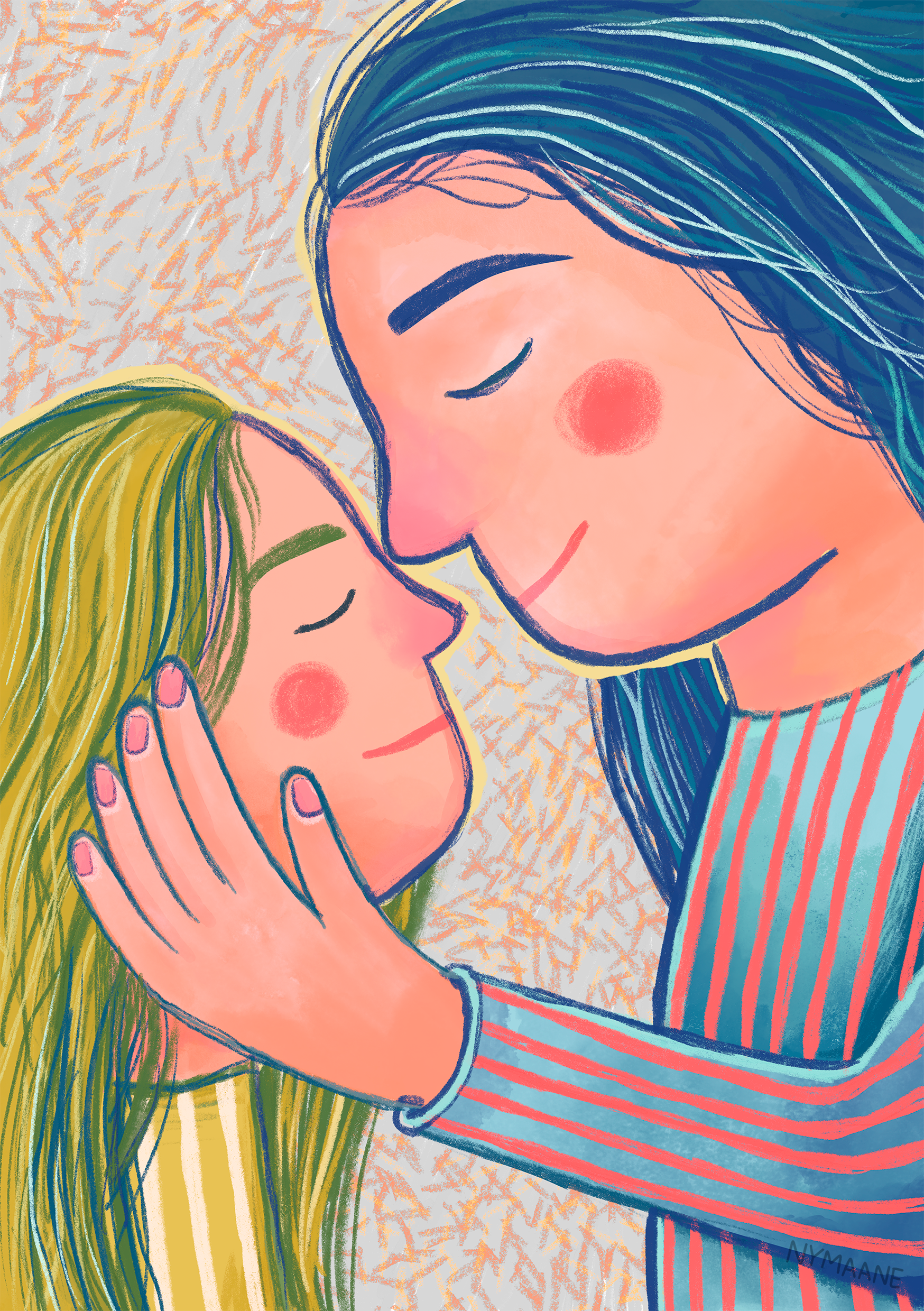 Illustration af en mor, der kærligt holder sit barn i hænderne og smiler, med varme farver og bløde linjer.