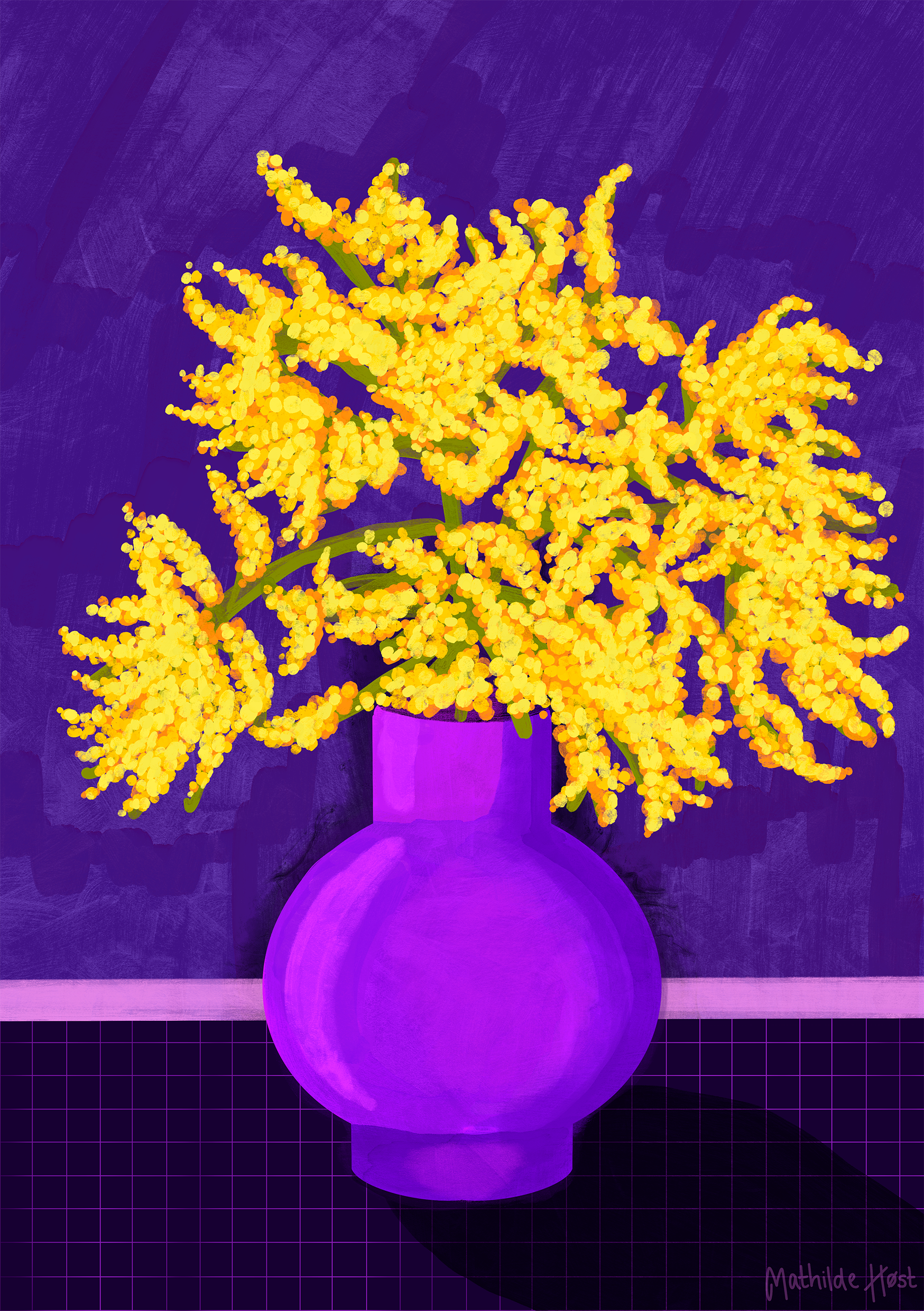 Illustration af en gul mimosa-buket i en lilla vase på en mørk baggrund, med kunstneriske penselstrøg.