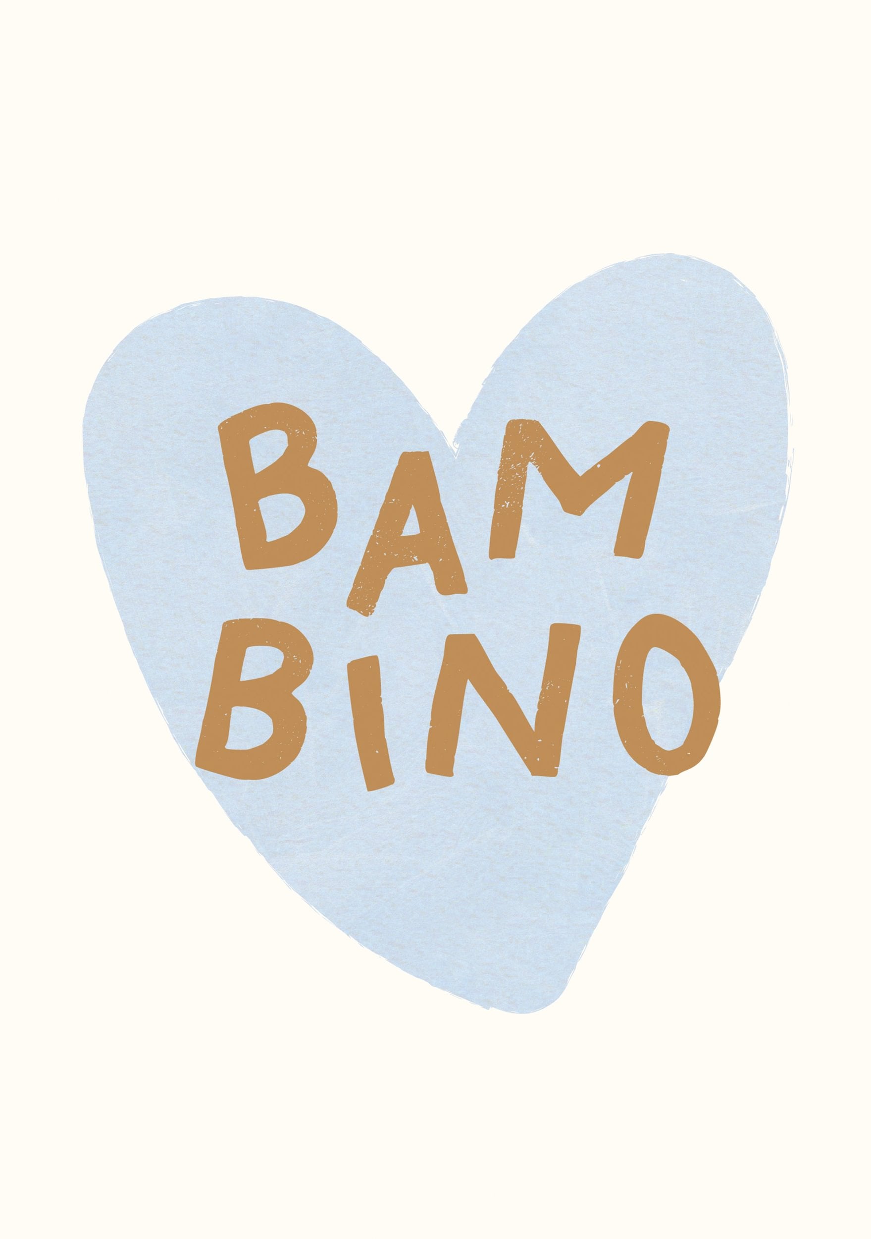 BAMBINO - Enkelt og stilfuldt babykort. Et minimalistisk kort med ordet "Bambino" skrevet i en håndtegnet stil inde i et blåt hjerte. Perfekt som lykønskningskort til en nyfødt eller en babyshower.