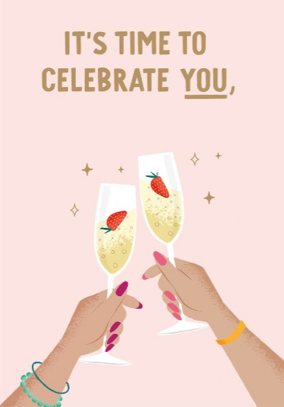 Elegant kort med illustration af to hænder, der skåler med champagneglas pyntet med jordbær, på en lyserød baggrund.