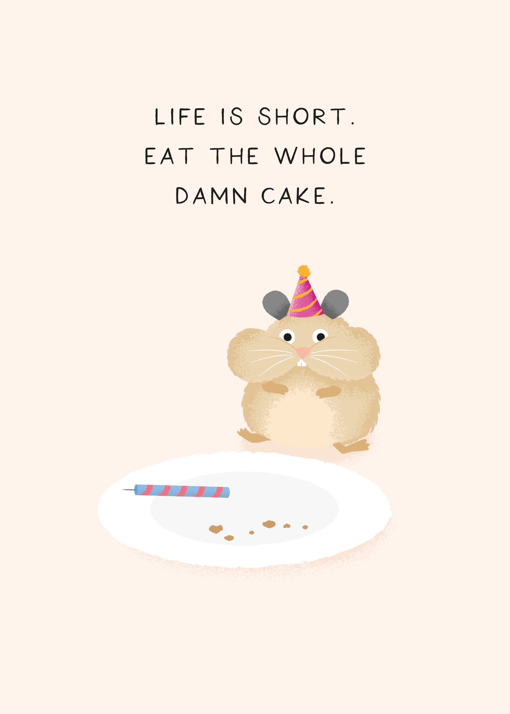 Sjovt fødselsdagskort med en hamster iført en festhat, siddende foran en tom tallerken med en brugt fødselsdagslys og teksten "Life is short, eat the whole damn cake".