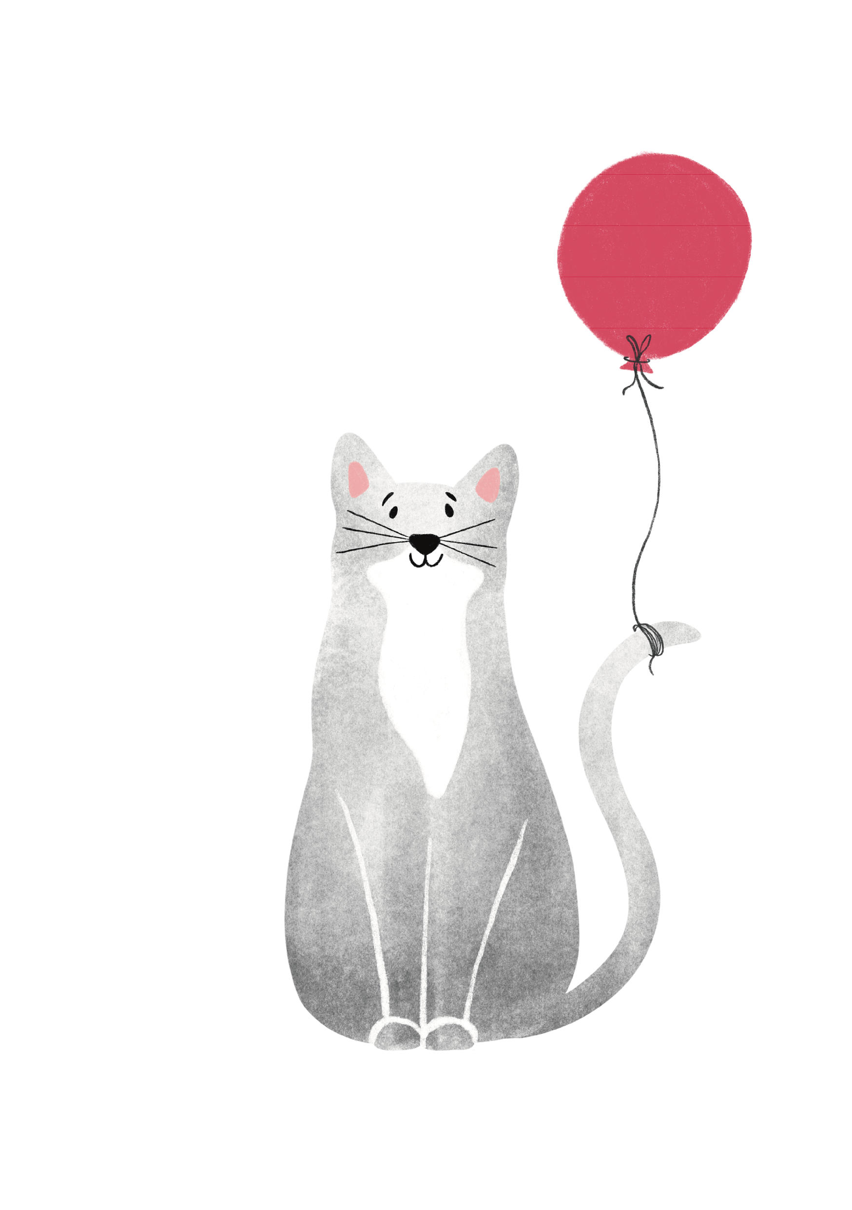 Anledningskort til katteelskeren. En grå kat sidder og kigger roligt op på en stor rød ballon, der svæver ved dens hale.