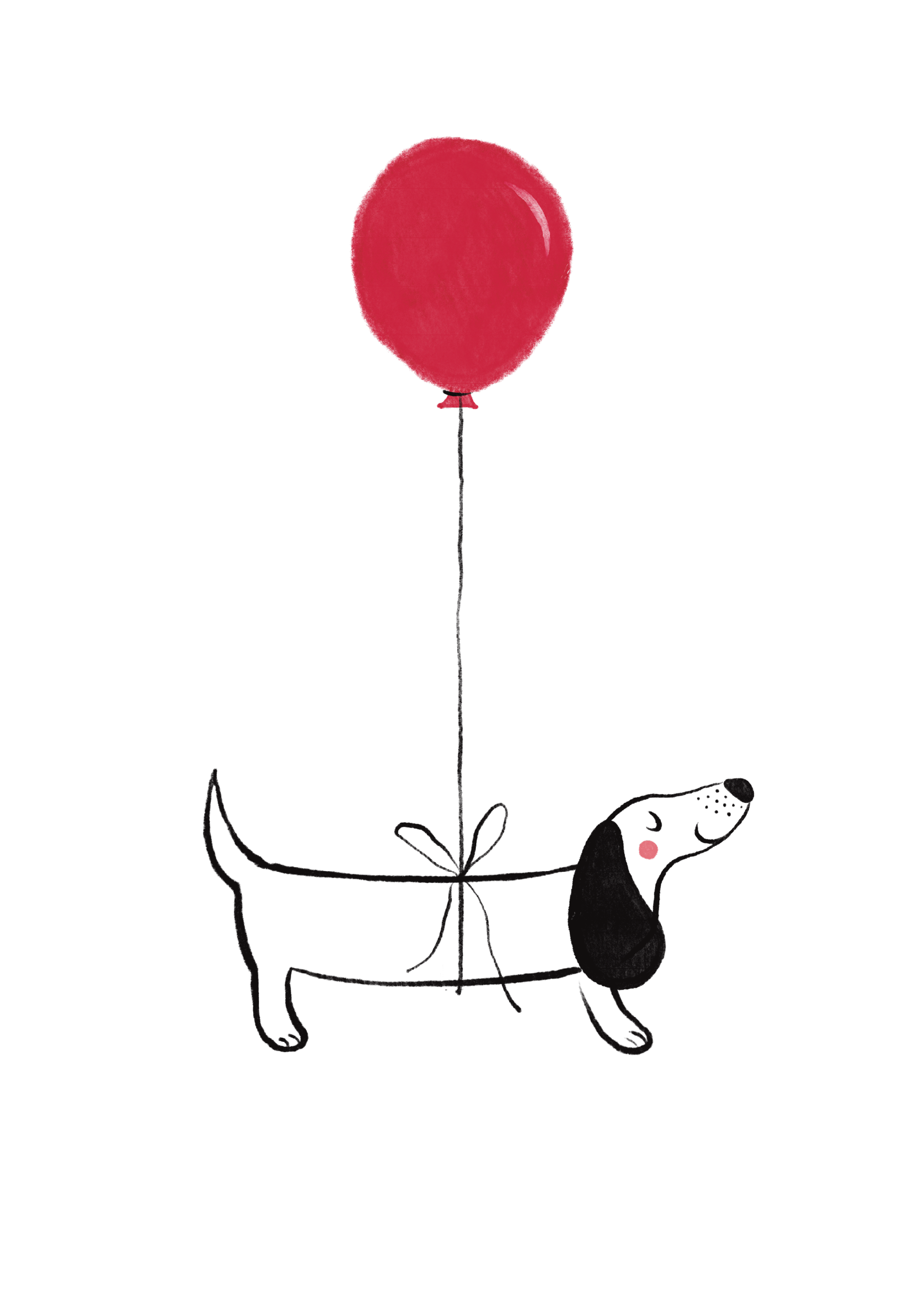 Fødselsdagskort med en sort og hvid gravhund med en stor rød ballon bundet fast om maven.