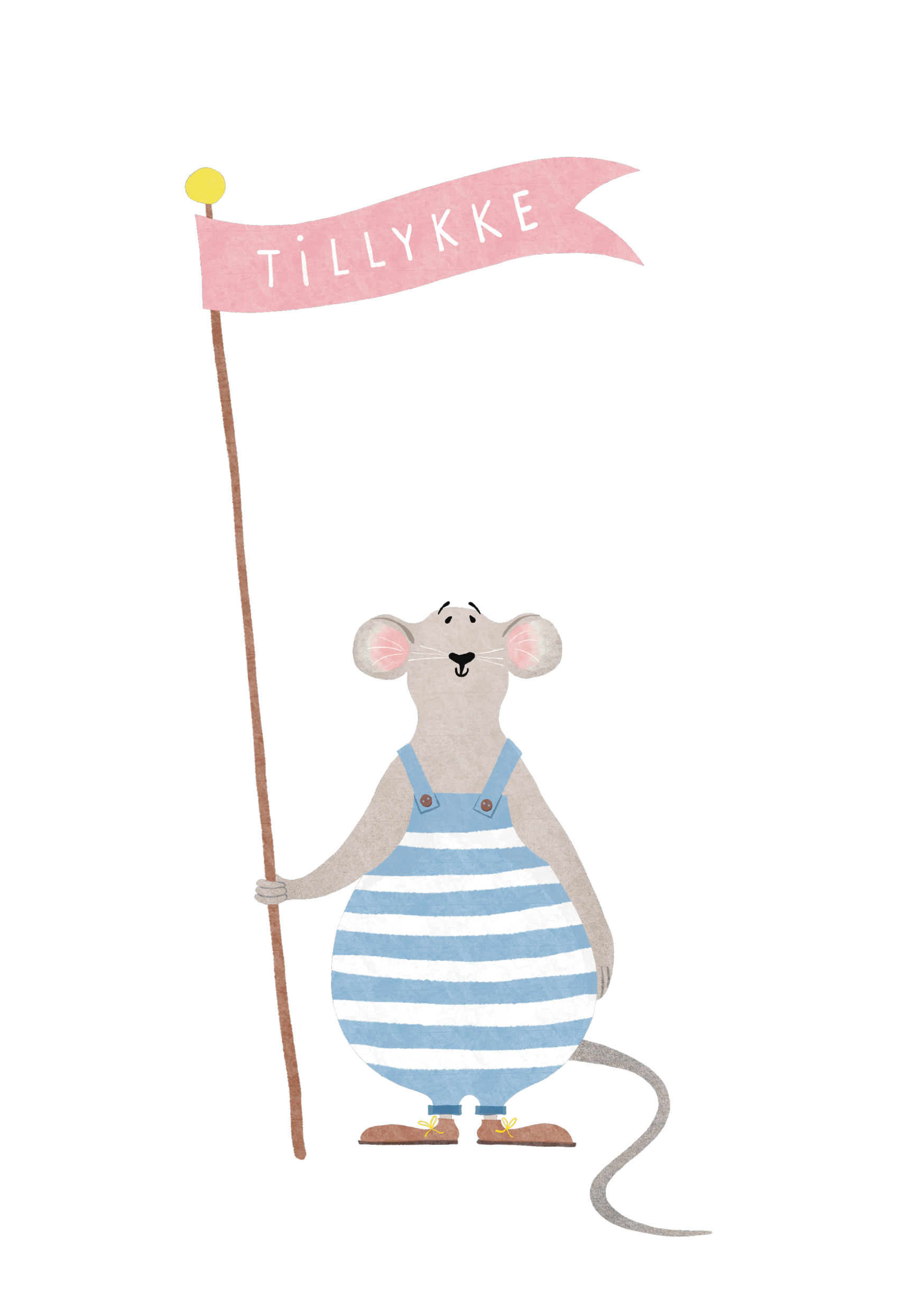 Flagdag. En rund og nuttet mus iført blå-hvide striber holder et pink flag med teksten "TILLYKKE"