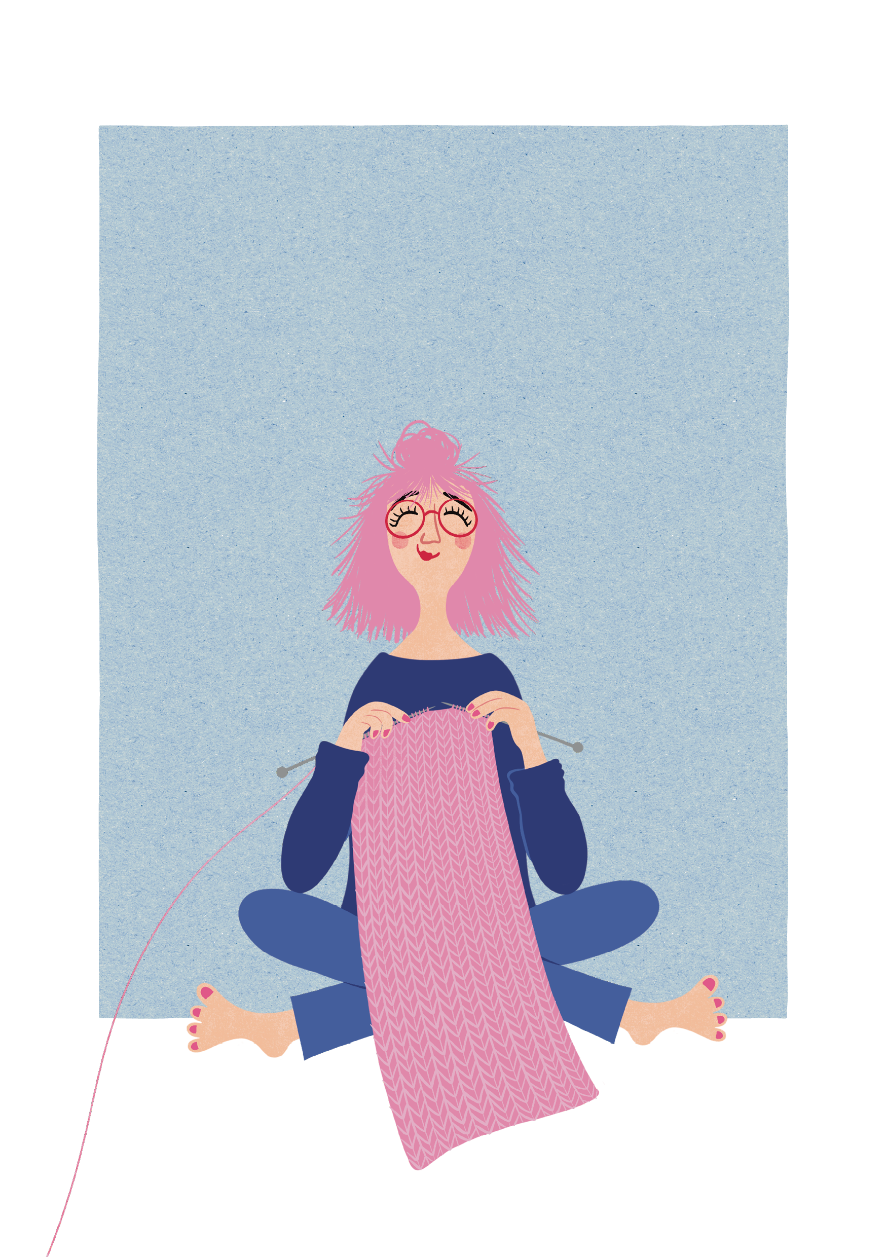 Kort med en kvinde med pink hår og briller, der strikker et langt lyserødt stykke.
