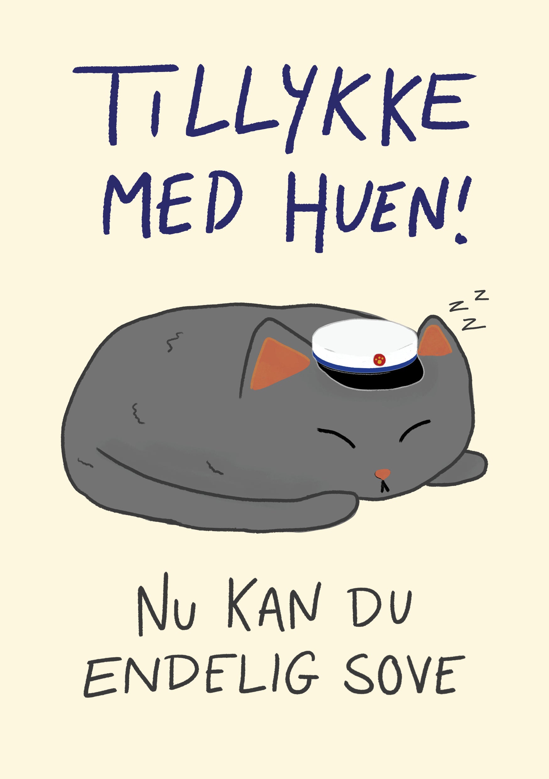"Tillykke med huen" kort – Blå studenterhue (HHX, Handelsgymnasium) – Et sjovt og sødt kort med en afslappet grå kat iført en blå studenterhue. En perfekt hilsen til en HHX-student.