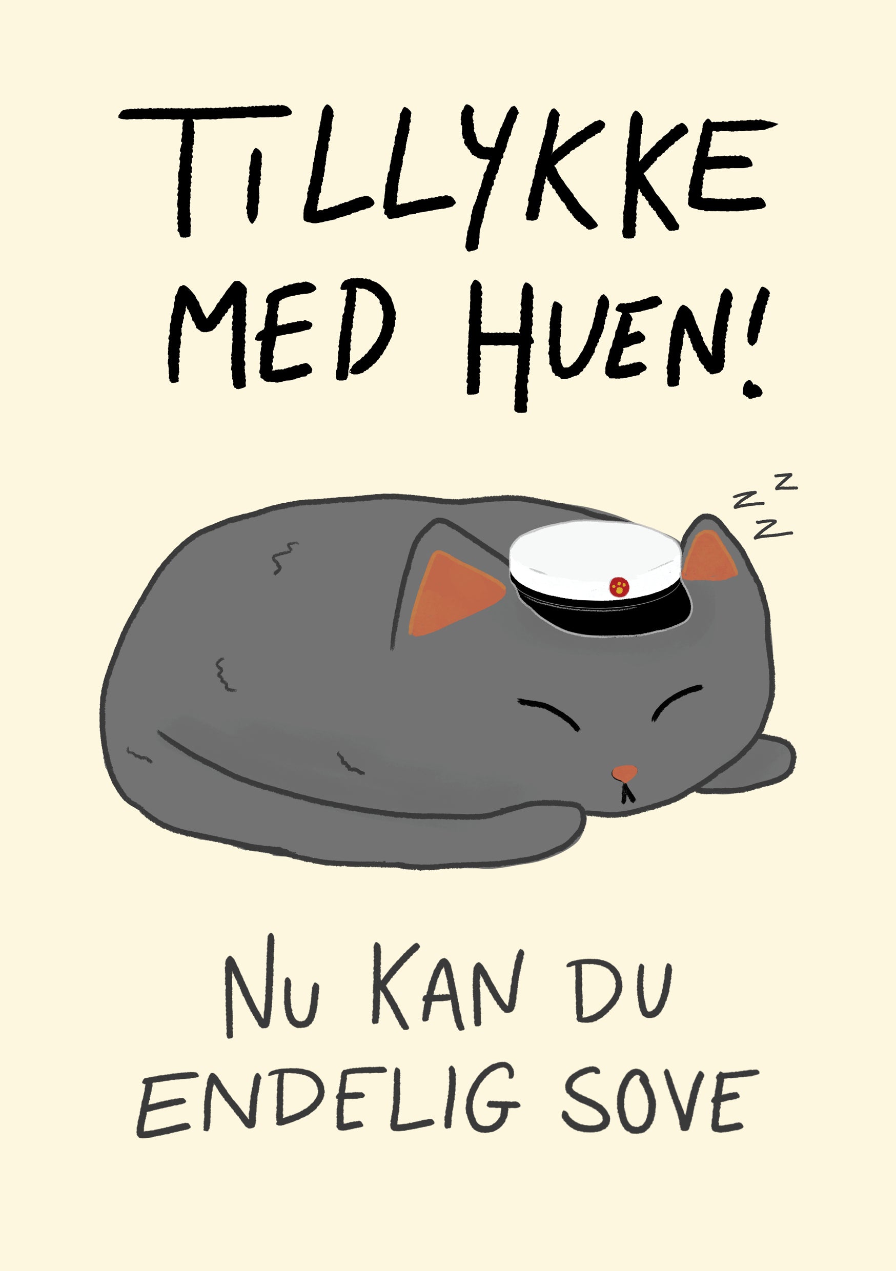 "Tillykke med huen" kort – Hvid studenterhue (EUX, Erhvervsuddannelse med gymnasial del) – Sødt og enkelt kort med en sovende kat iført en hvid studenterhue. Perfekt til at fejre en EUX-student.