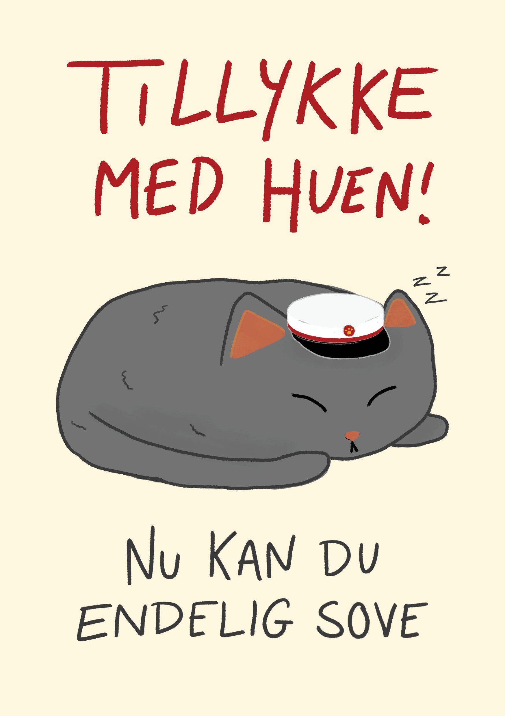 "Tillykke med huen" kort – Rød studenterhue (STX, Almindelig Studentereksamen) – Hyggeligt studenterkort med en sovende kat iført en klassisk rød studenterhue. Ideelt kort til en STX-student.