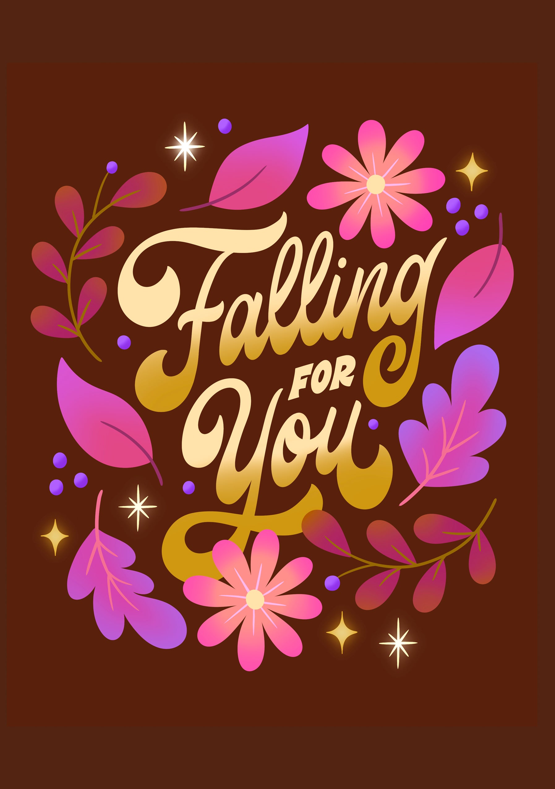 Romantisk kort med teksten "Falling for You" i gyldne bogstaver omgivet af lyserøde blomster og blade på en mørkebrun baggrund.