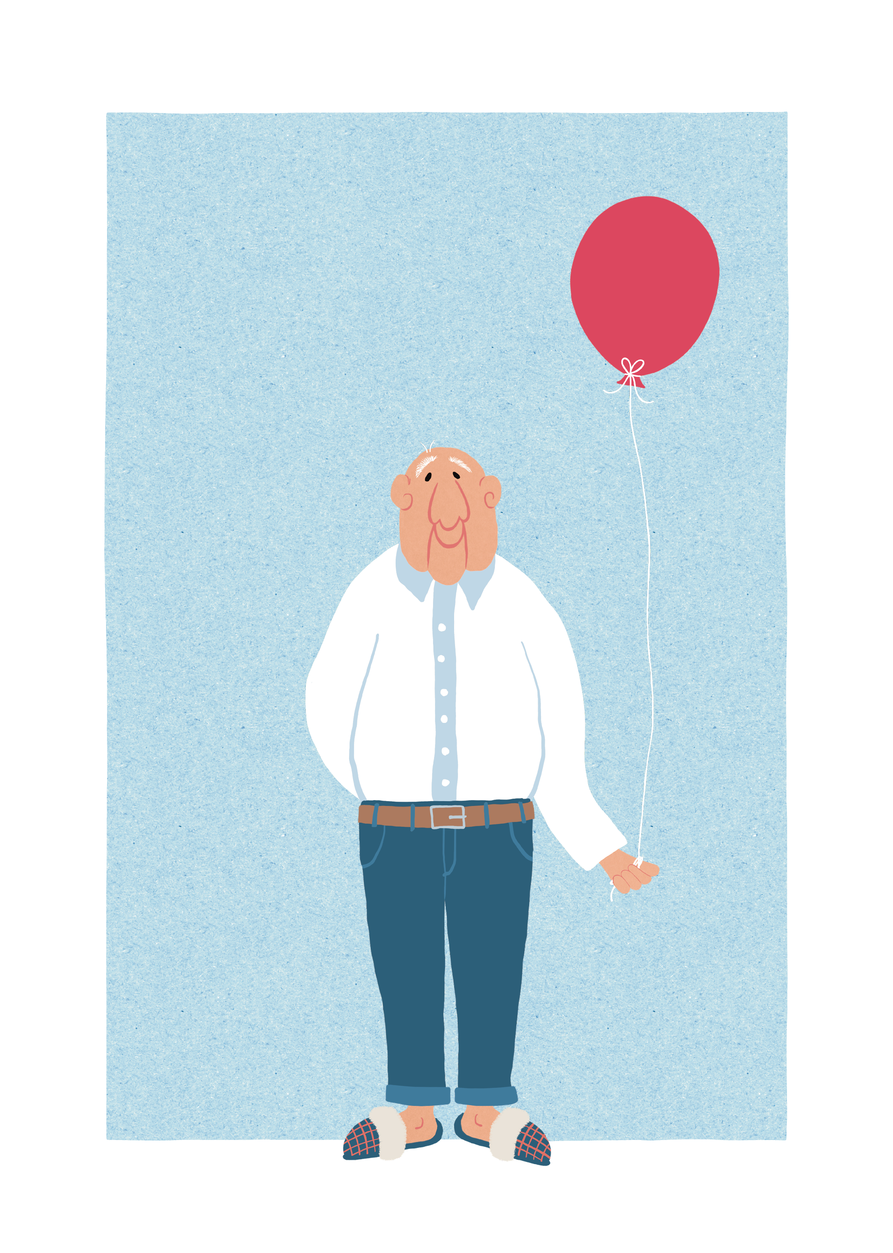 Fødselsdagskort med en ældre mand og en ballon i enkel, grafisk streg.