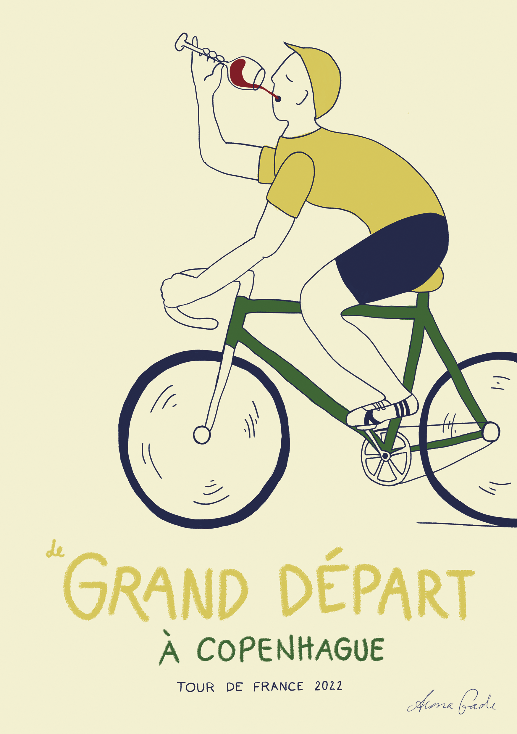 "Le Grand Départ à Copenhague" kort – Tour de France-inspireret kort med en cykelrytter i gul trøje, der drikker vin. En humoristisk hyldest til "Den store start i København".