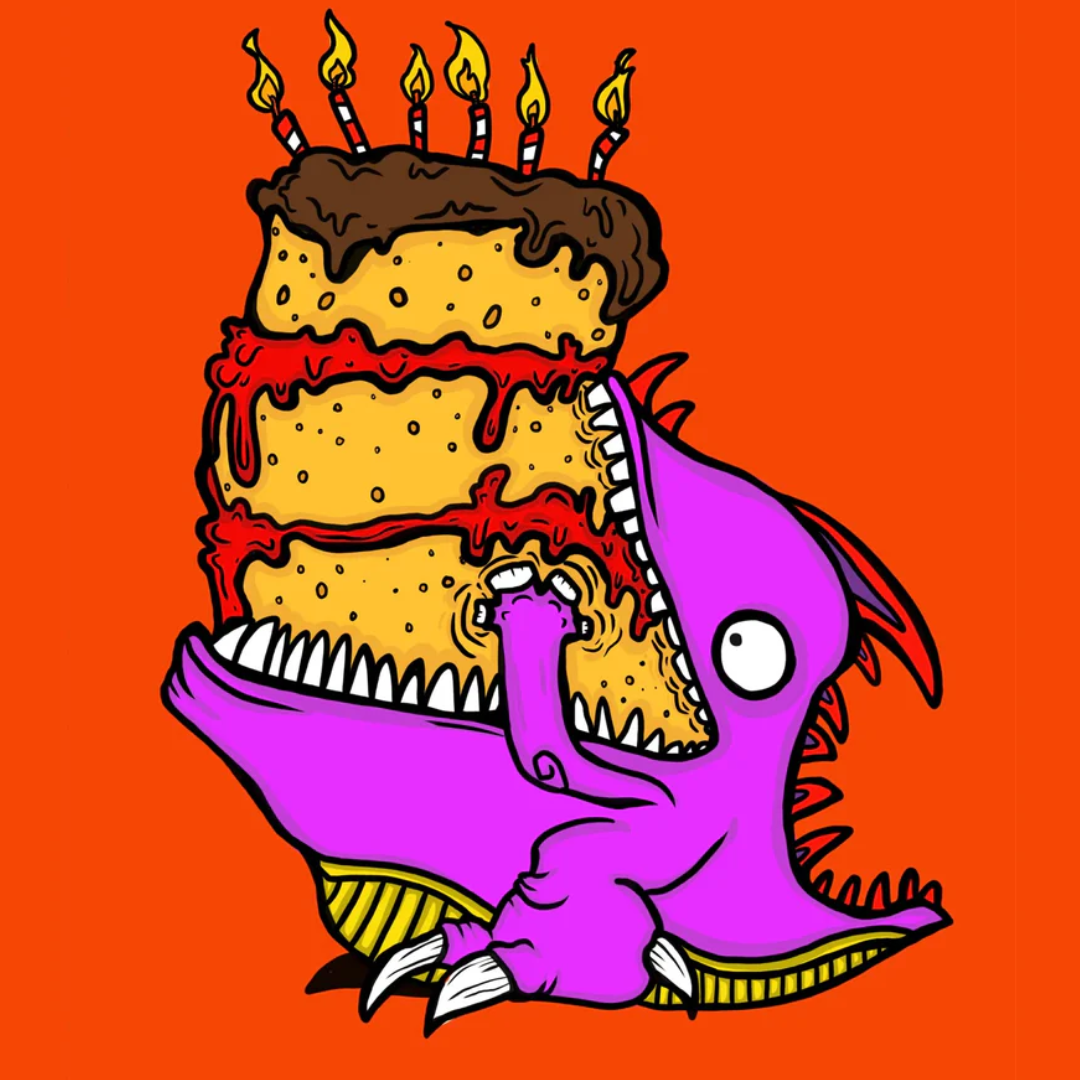 Lilla dinosaur spiser en gigantisk fødselsdagskage.
– Festligt kort med en dinosaur, der grådigt spiser en lagkage med stearinlys. Perfekt til fødselsdagsfesten.