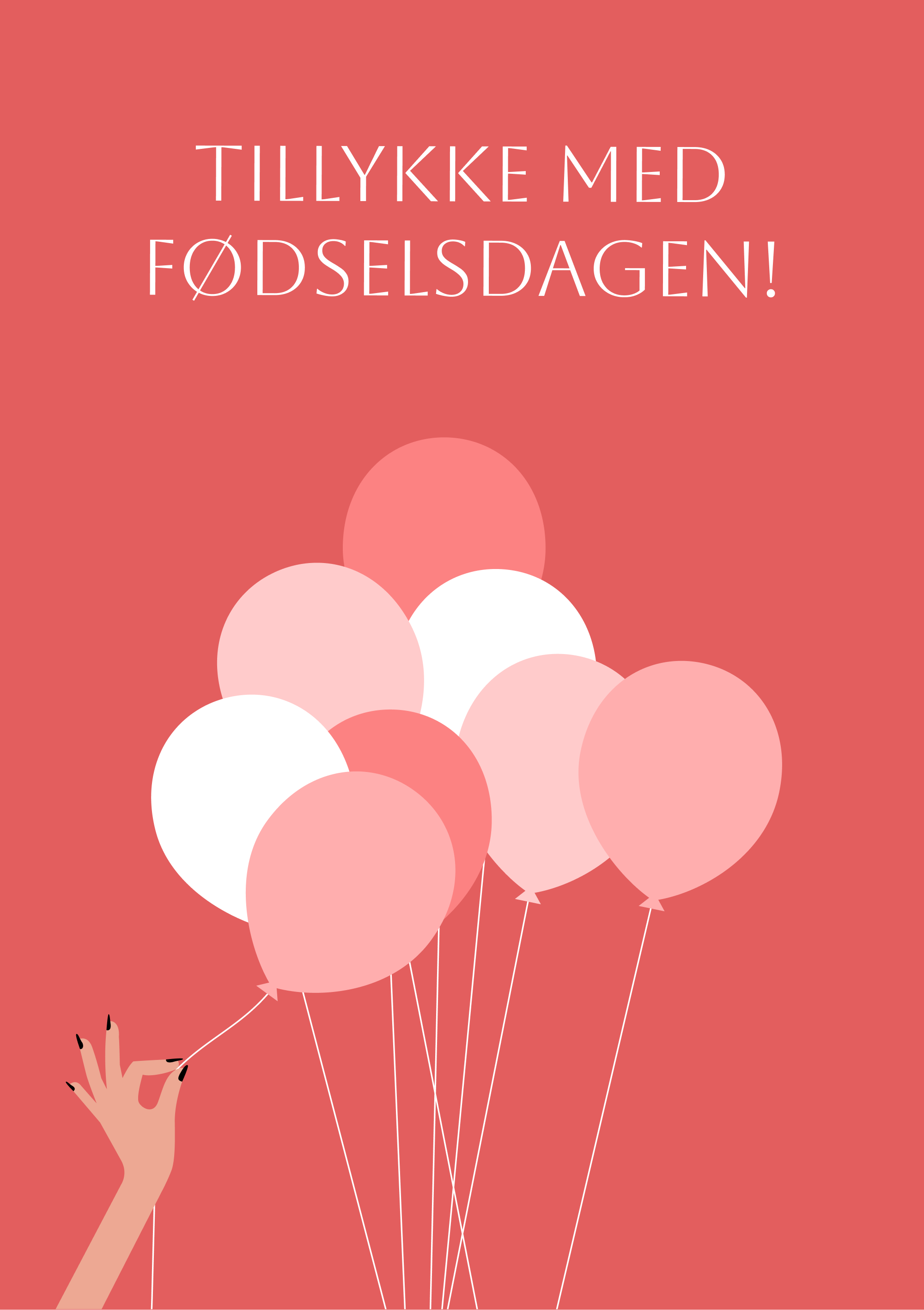 Illustreret fødselsdagskort med lyserøde og hvide balloner på rød baggrund, hånd holder en ballon.