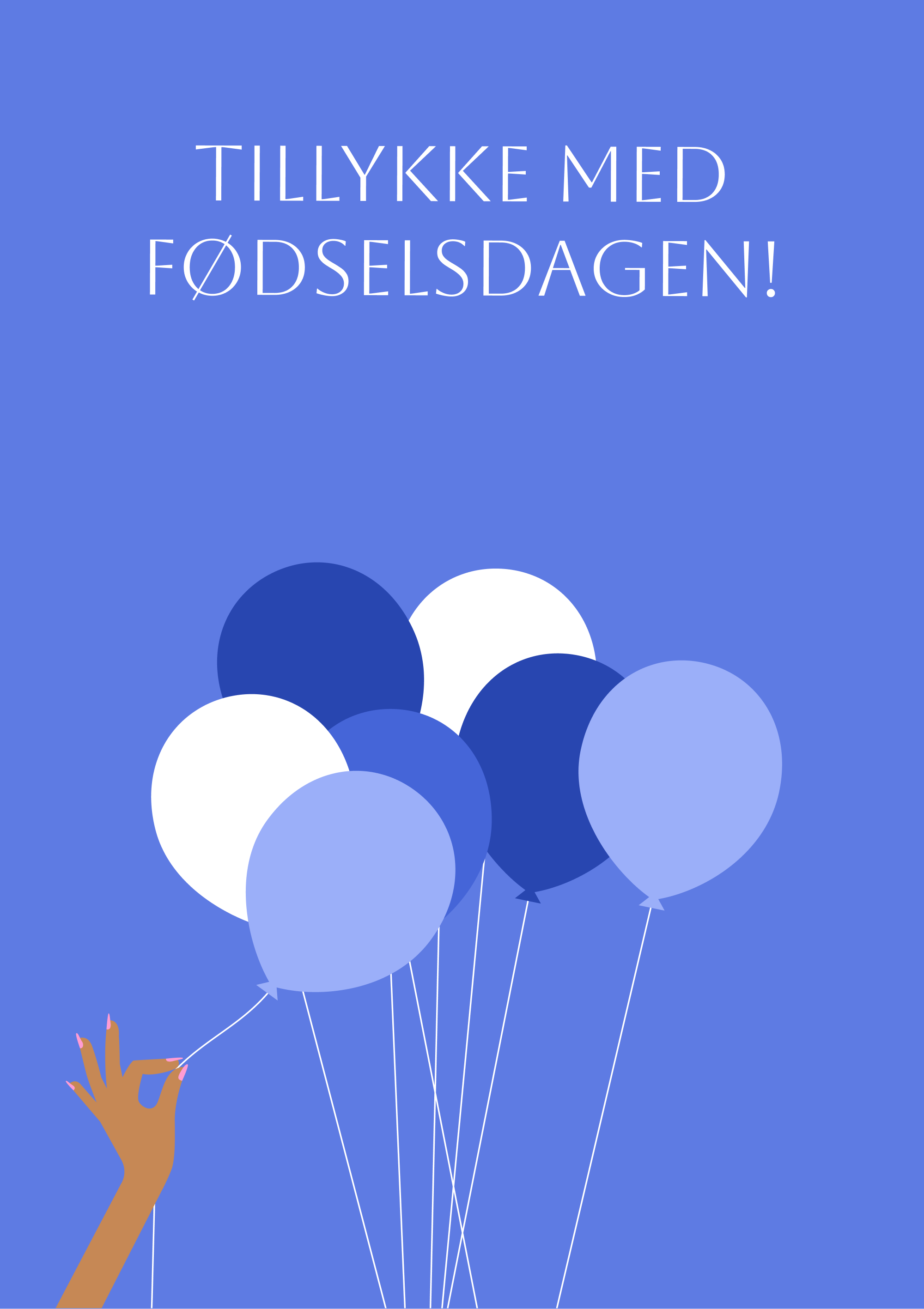 Fødselsdagskort med blå og hvide balloner på blå baggrund, hånd holder en ballon.