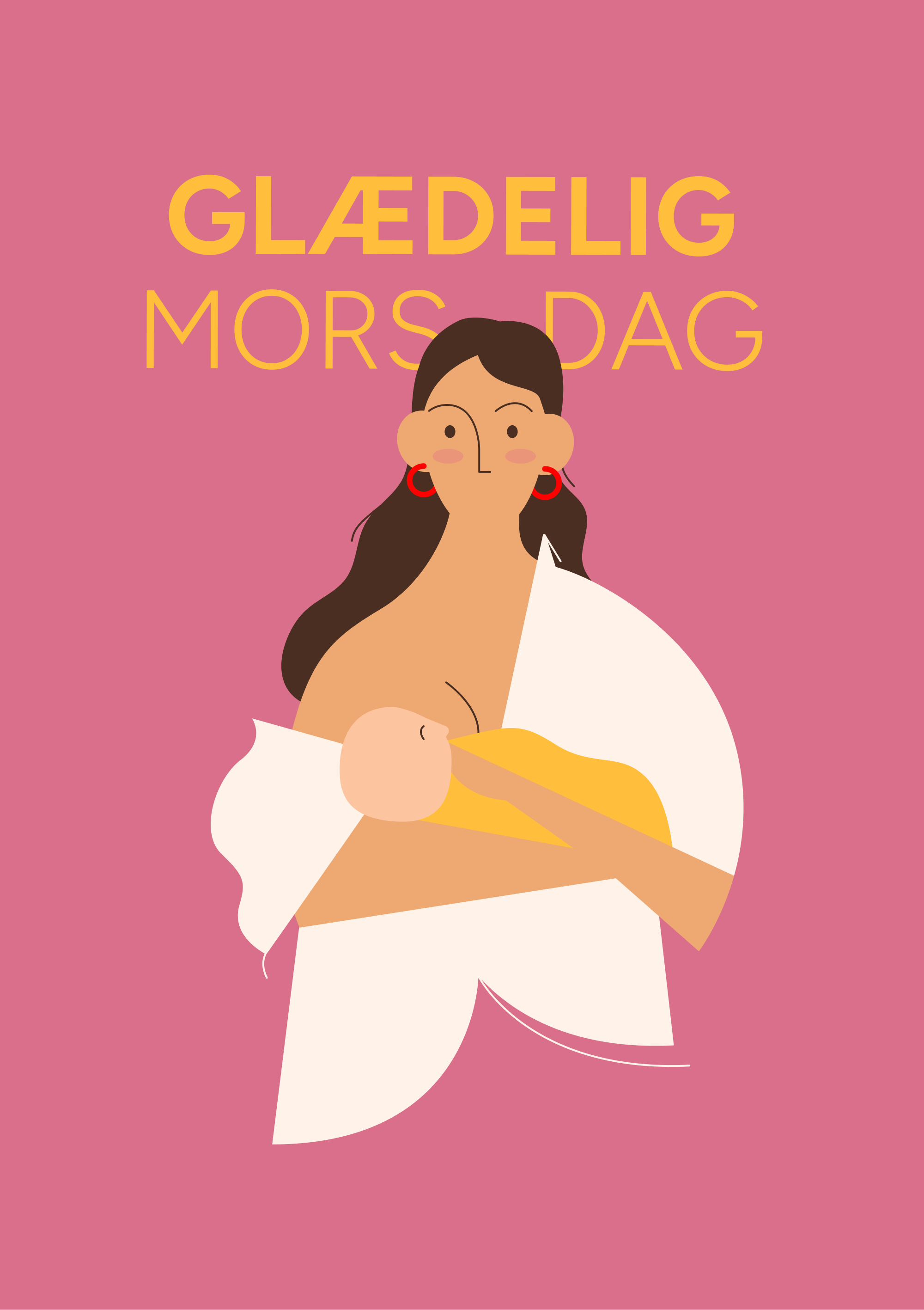 Illustration af mor, der ammer sit barn, med farverig baggrund og forskellig hudfarve/hårfarve på mor og barn. Teksten "Glædelig Mors Dag".