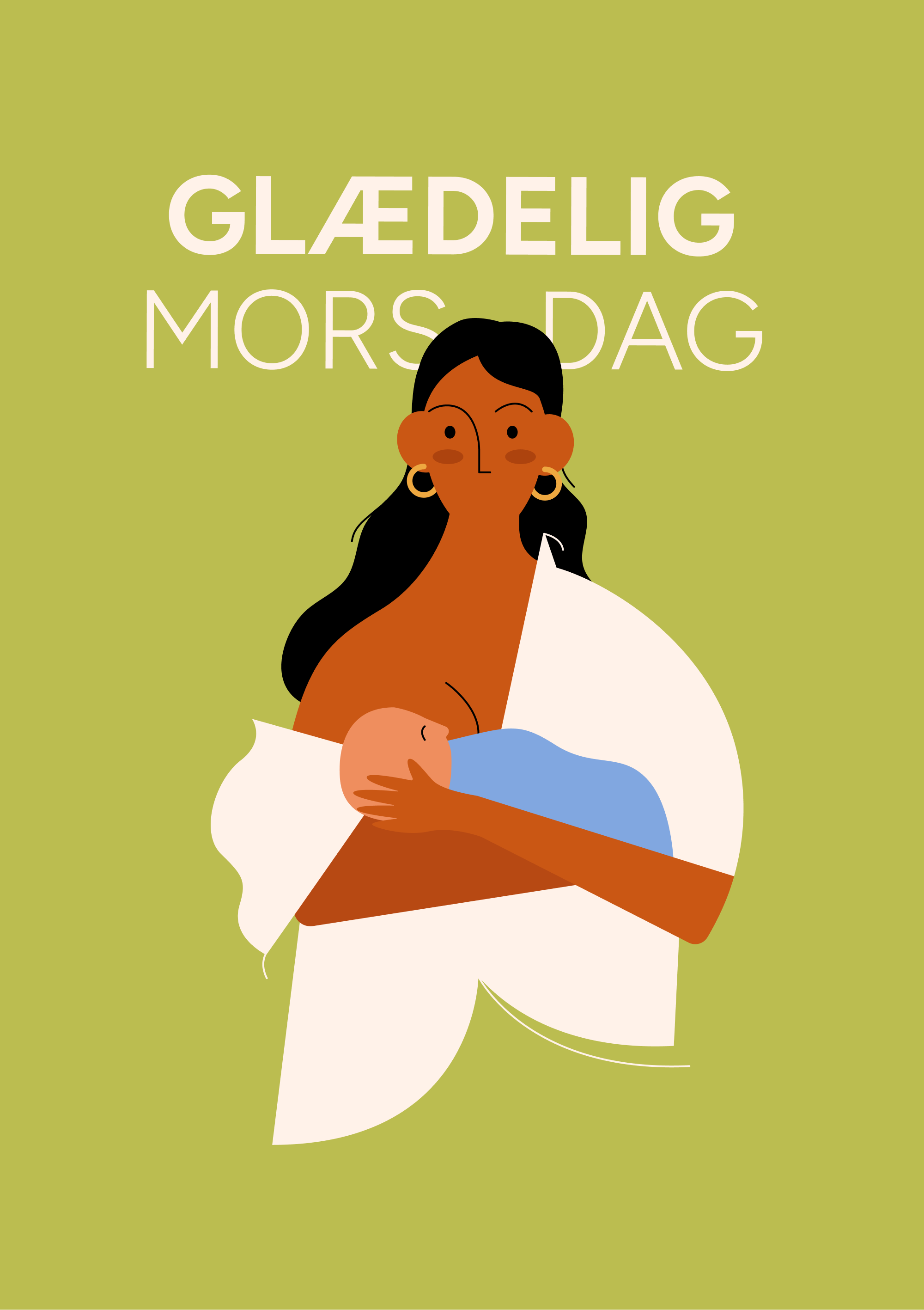 Illustration af mor, der ammer sit barn, med farverig baggrund og forskellig hudfarve/hårfarve på mor og barn. Teksten "Glædelig Mors Dag".